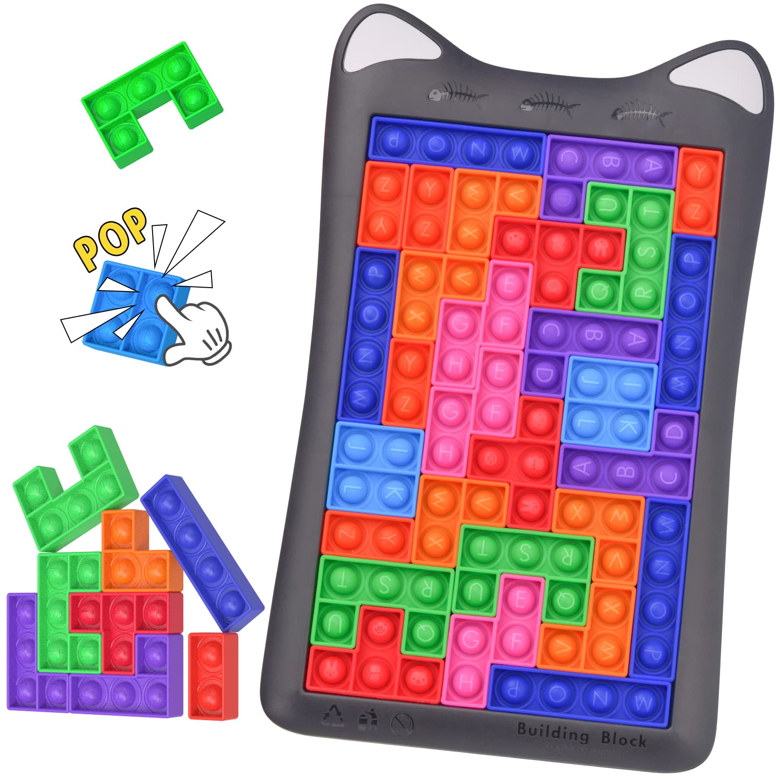 Pop It Puzzle Fidget Toys - 13.2''×7.8'' Push Puzzle Sensory Fidget Toys, 30Pcs Jigsaw Puzzle Games for Kids and Adults, Fun Stress Relief Silicone Toy for Education and Learning, Perfect for Home, School, and Travel