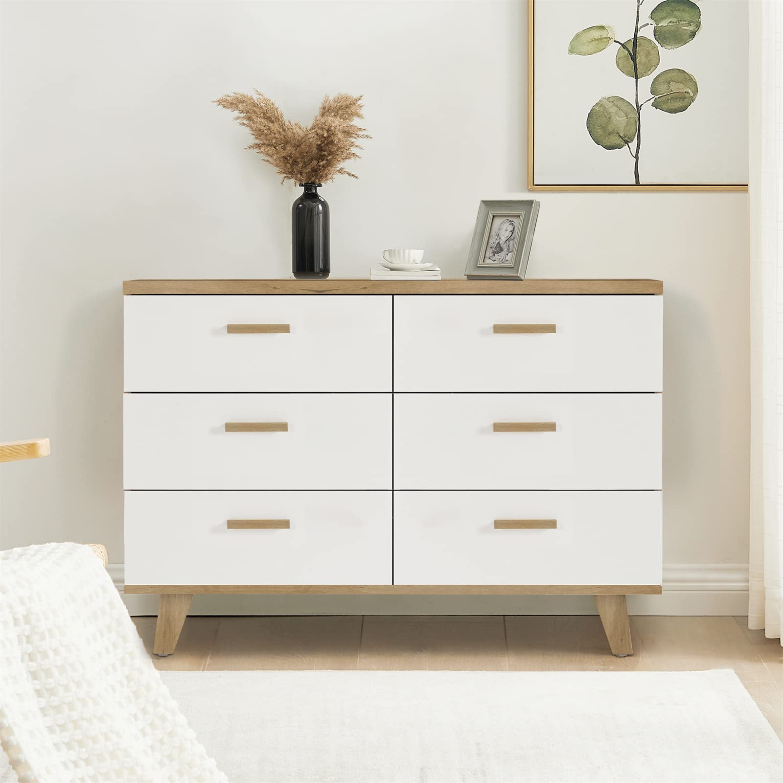 Mid-Century Modern 6-Drawer Dresser with Wood Legs - Rosewood Chest of Drawers for Bedroom, Living Room & Hallway Storage | Perfect for Closet Organization & Home Décor