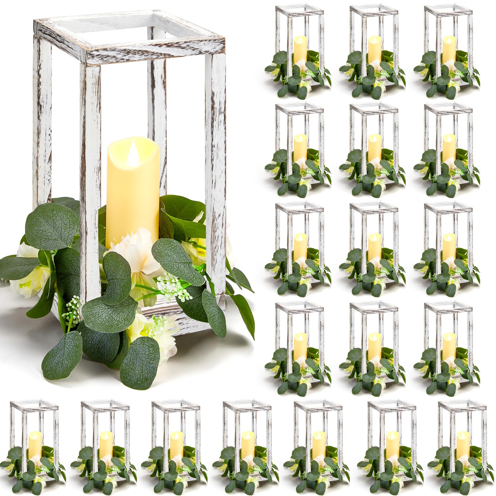 Sabary 20 Sets (40 Pcs) Vintage Wooden Lantern Candle Holders with Candles - Rustic Farmhouse Table Centerpiece for Wedding, Fireplace, Dining & Party Decor - Indoor Home Decoration (White)