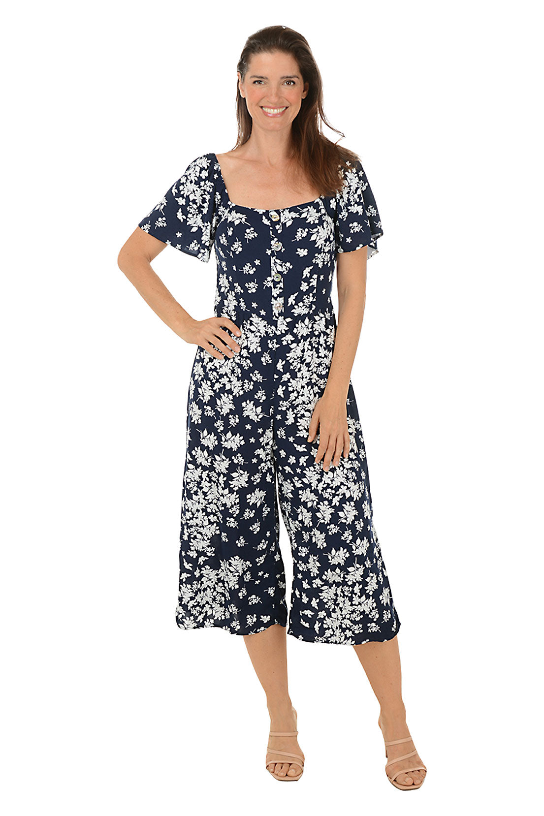 Navy Blue Floral Print Square Neck Jumpsuit for Women - Summer Casual Romper with Pockets | Perfect for Beach Vacation, Date Night & Outdoor Events