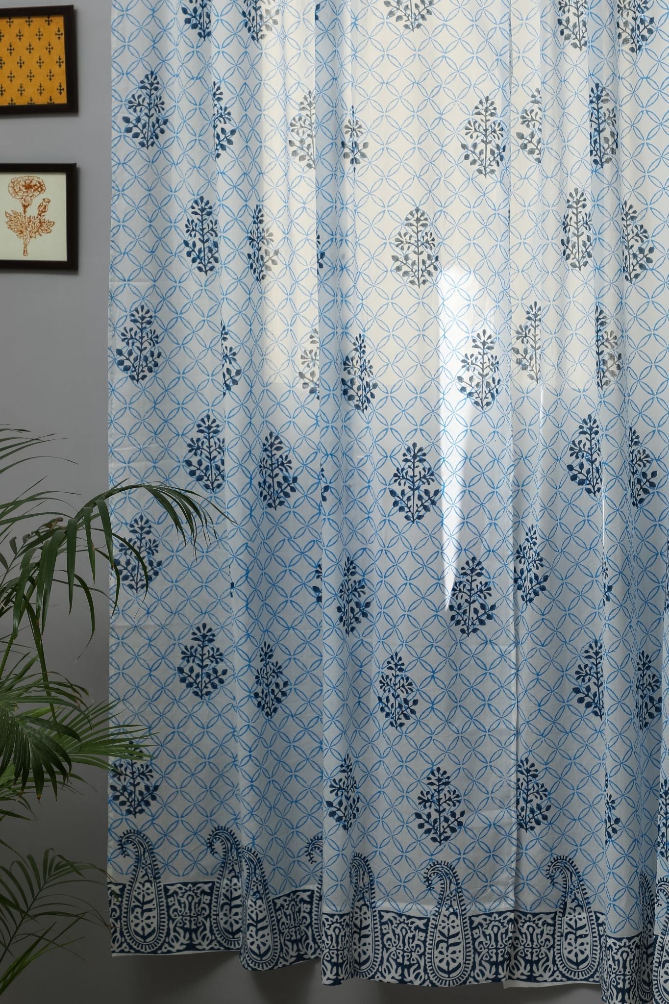 Handblock Printed Cotton Door Curtain - 'Cabbean Blue' by SootiSyahi | Eco-Friendly Home Decor for Living Room, Bedroom & Windows | Traditional Indian Block Print Design