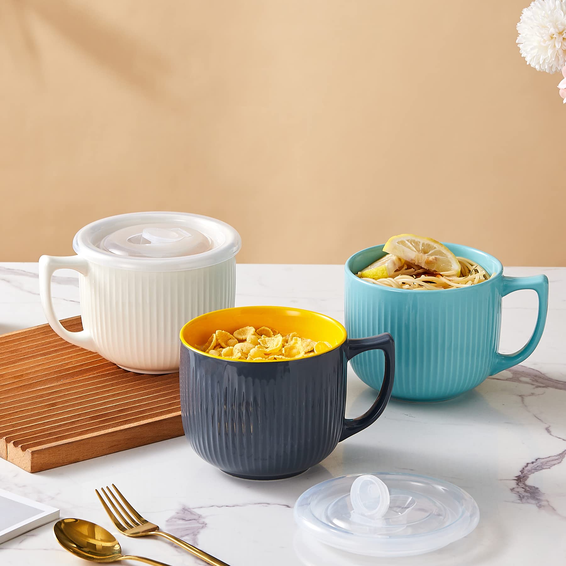32oz Ceramic Soup Bowls with Handles & Vented Lid - Large Wide Soup Mugs for Ramen, Pasta, Salad & Cereal - Microwave & Dishwasher Safe - Perfect for Home, Office & Restaurant Use (Blue)