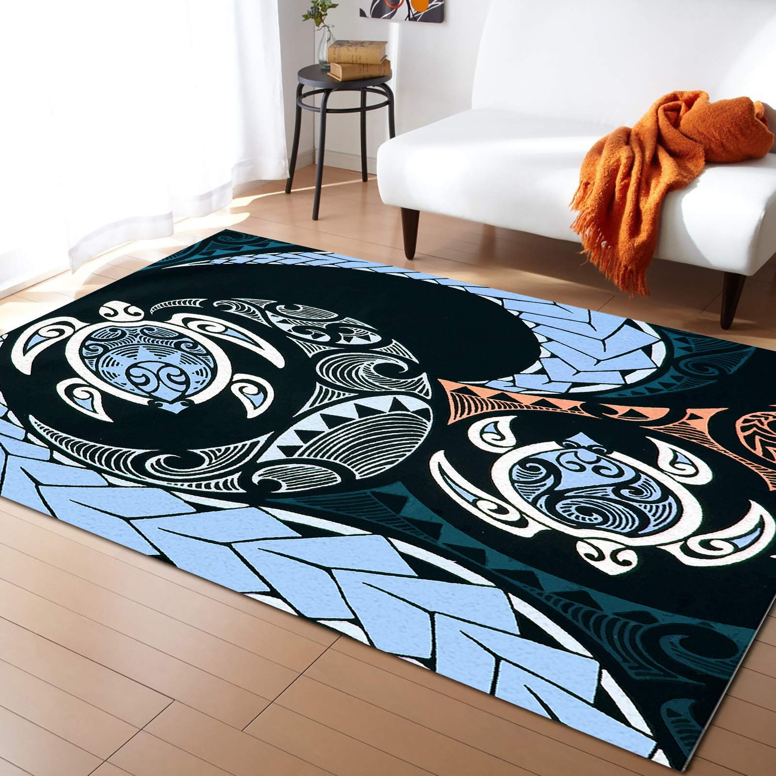 5x8ft Large Non-Slip Area Rugs - Abstract Sea Turtle Polynesian Design, Soft Living Room Bedroom Runner Rug for Hallways, Indoor Outdoor Nursery Decor in Black Blue Floral Texture | Perfect for Coastal Home Decor, Beach House Accent & Kids Play Area