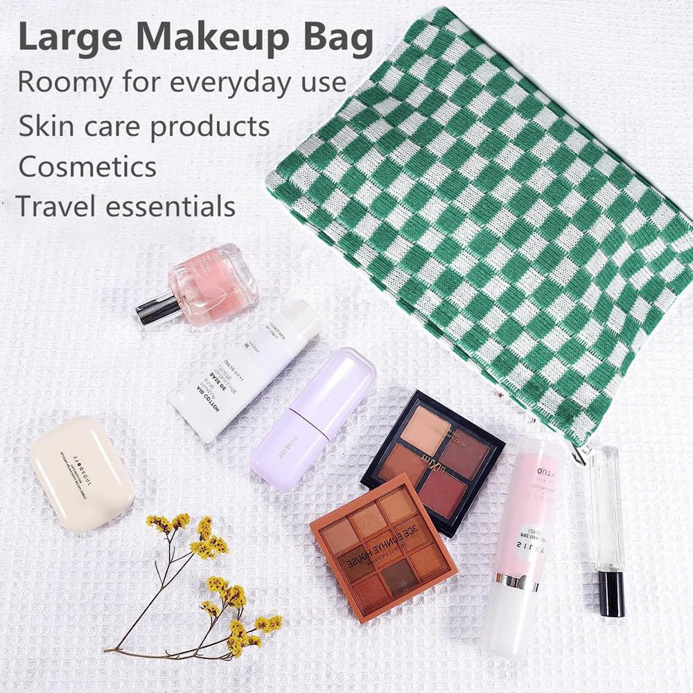 Checkered Makeup Bag Set of 2 - Large Cosmetic Organizer & Brush Pouch - Portable Travel Makeup Case for Women (Green) | Perfect for Travel, Gym & Daily Beauty Storage