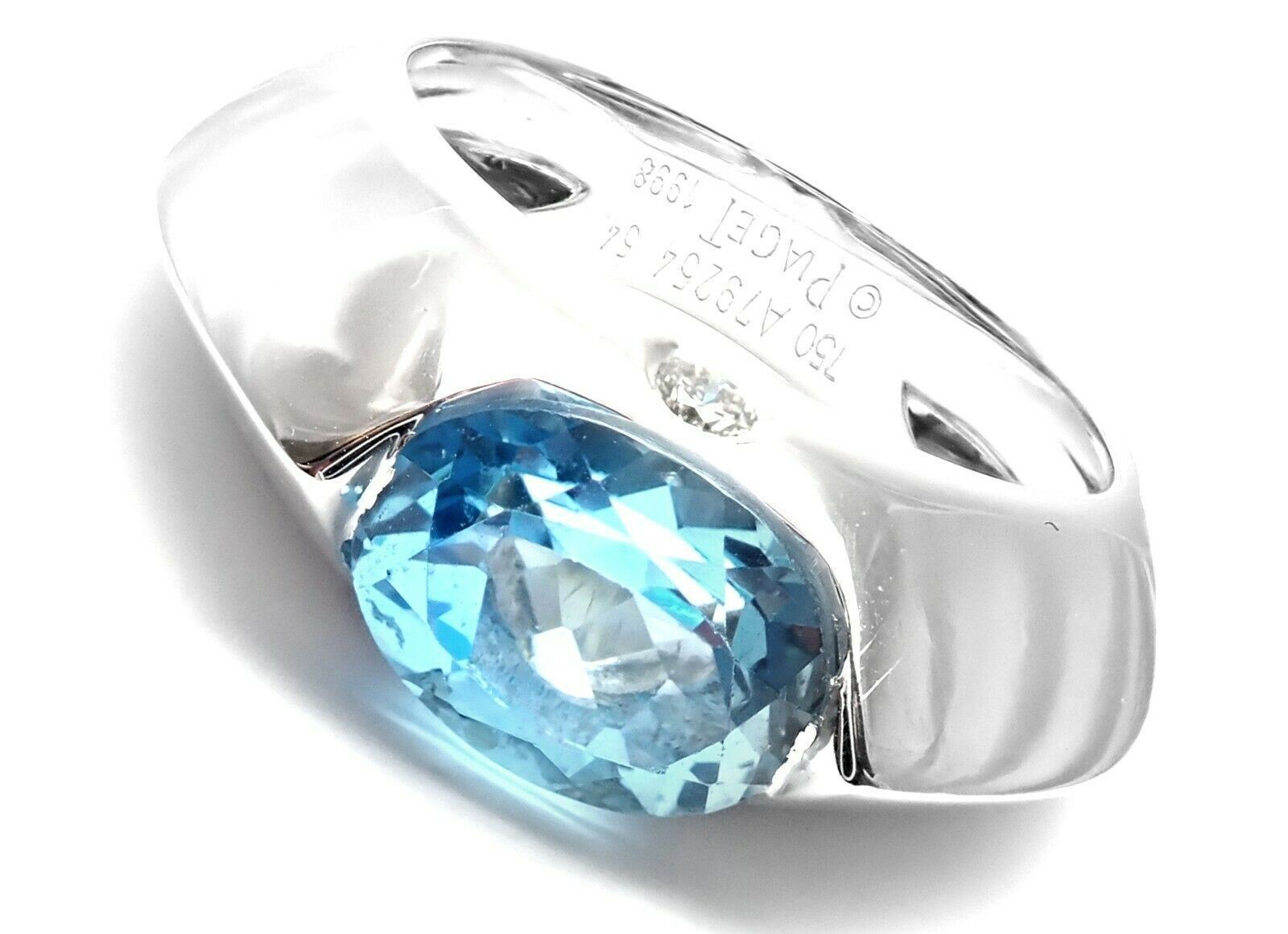 Authentic Piaget 18K White Gold Diamond & Blue Topaz Dome Ring for Women | Luxury Wedding Band, Anniversary Gift, Engagement Jewelry for Special Occasions