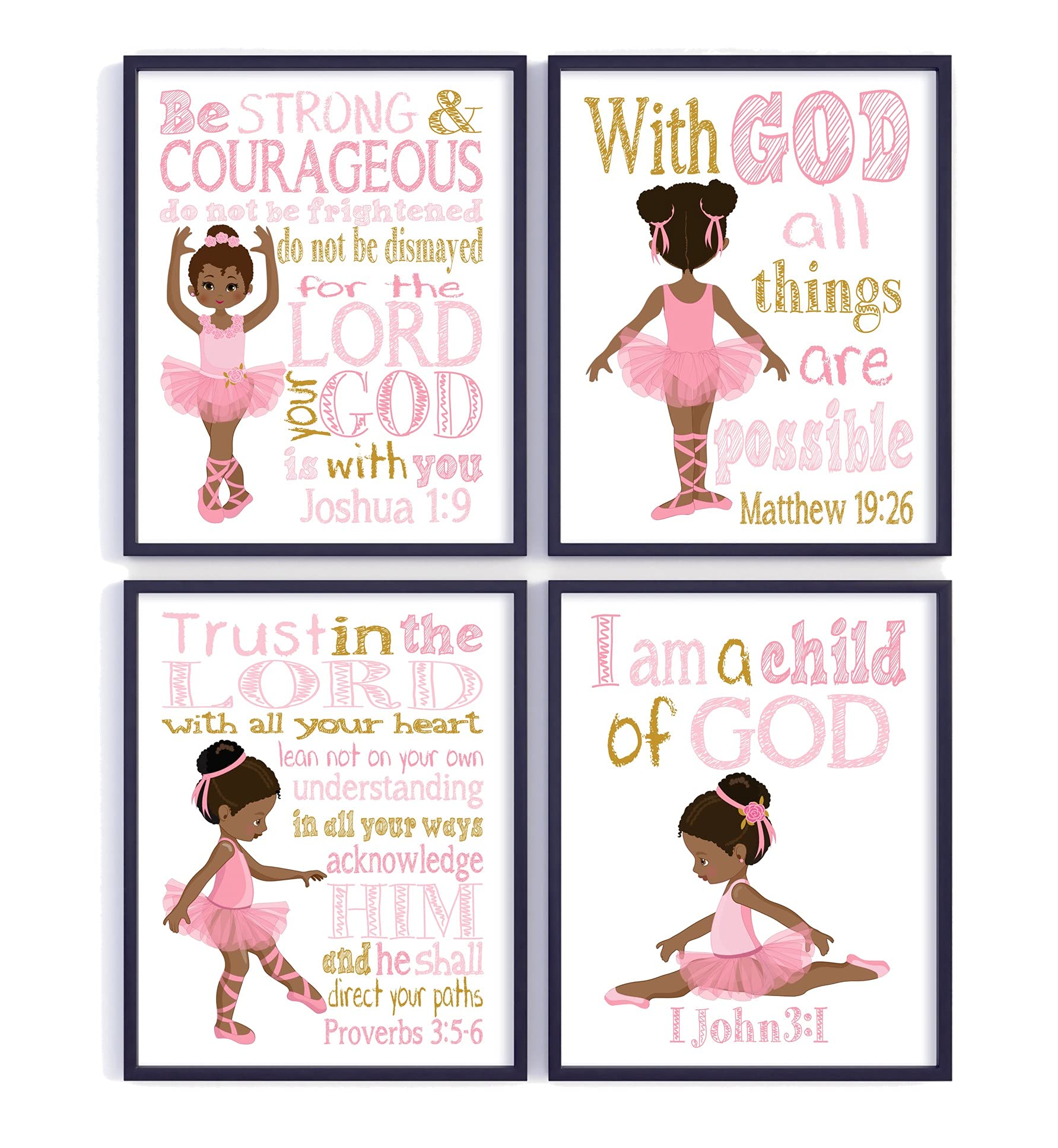 African American Ballerina Nursery Prints - Pink & Gold Bible Verse Decor for Christian Baby Room