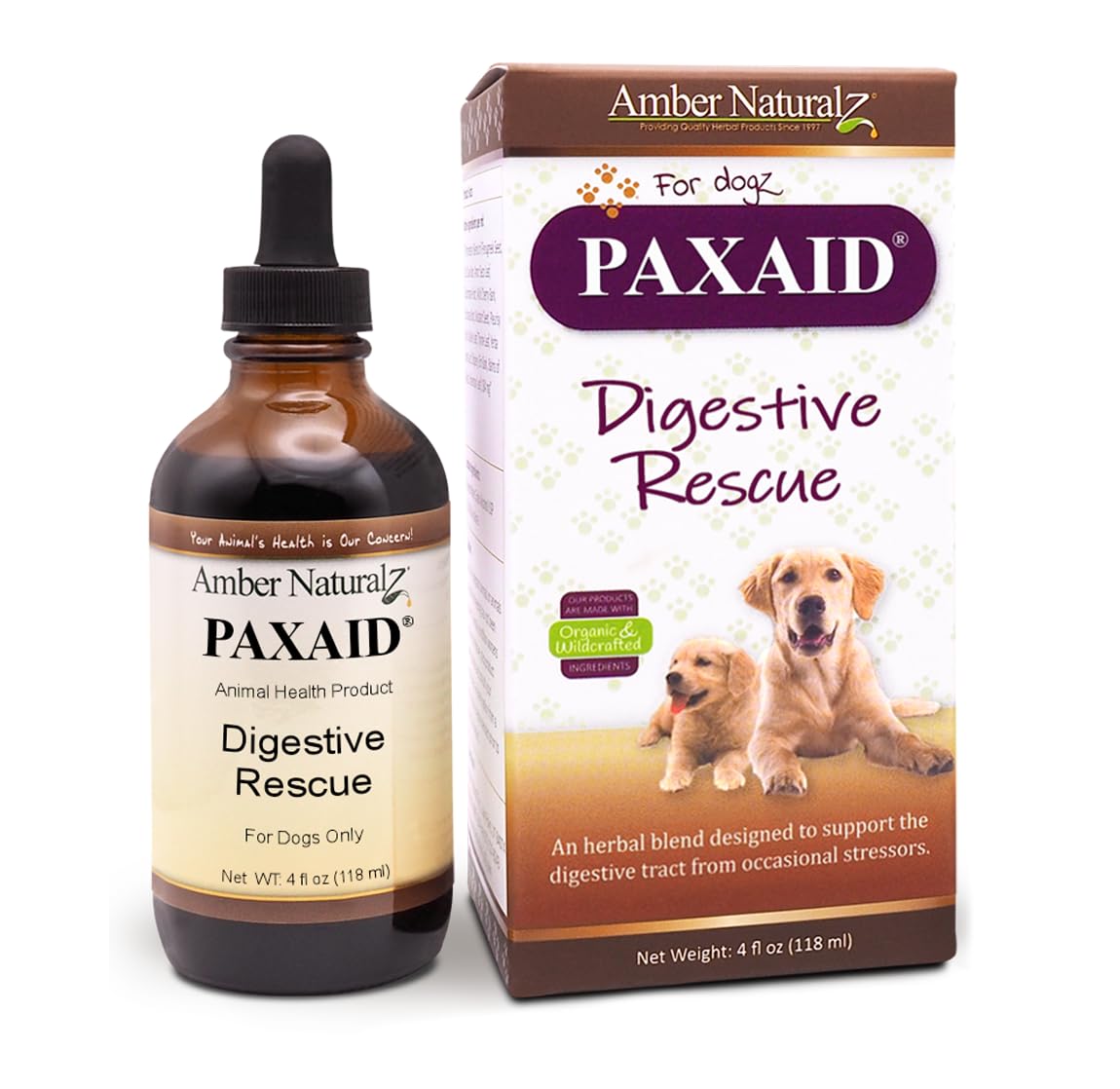 Amber NaturalZ Paxaid Digestive Rescue Herbal Supplement for Dogs & Puppies – Natural Canine Digestive Support for Occasional Upset Stomach – 4oz USA-Made Glass Bottle – Perfect for Travel, Post-Vet Visits & Dietary Changes