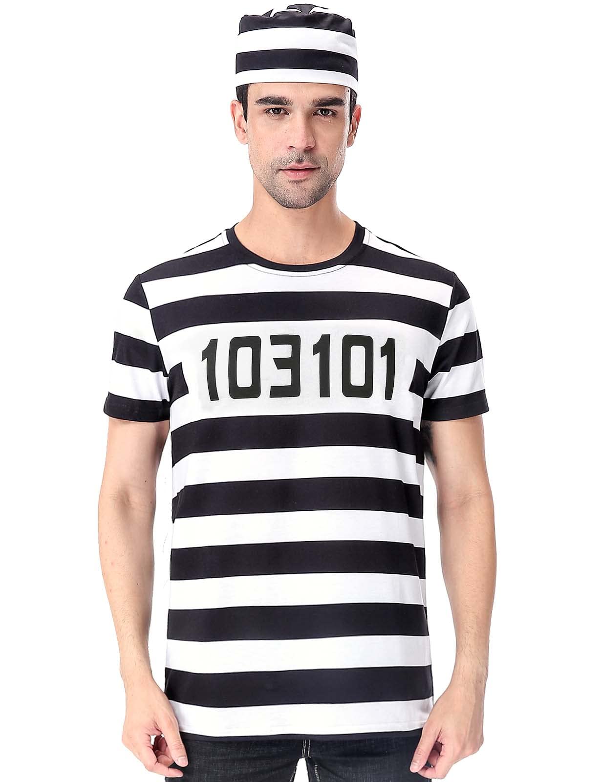 Funny Striped Prisoner Costume T-Shirt for Men - Halloween, Cosplay & Theme Party Outfit