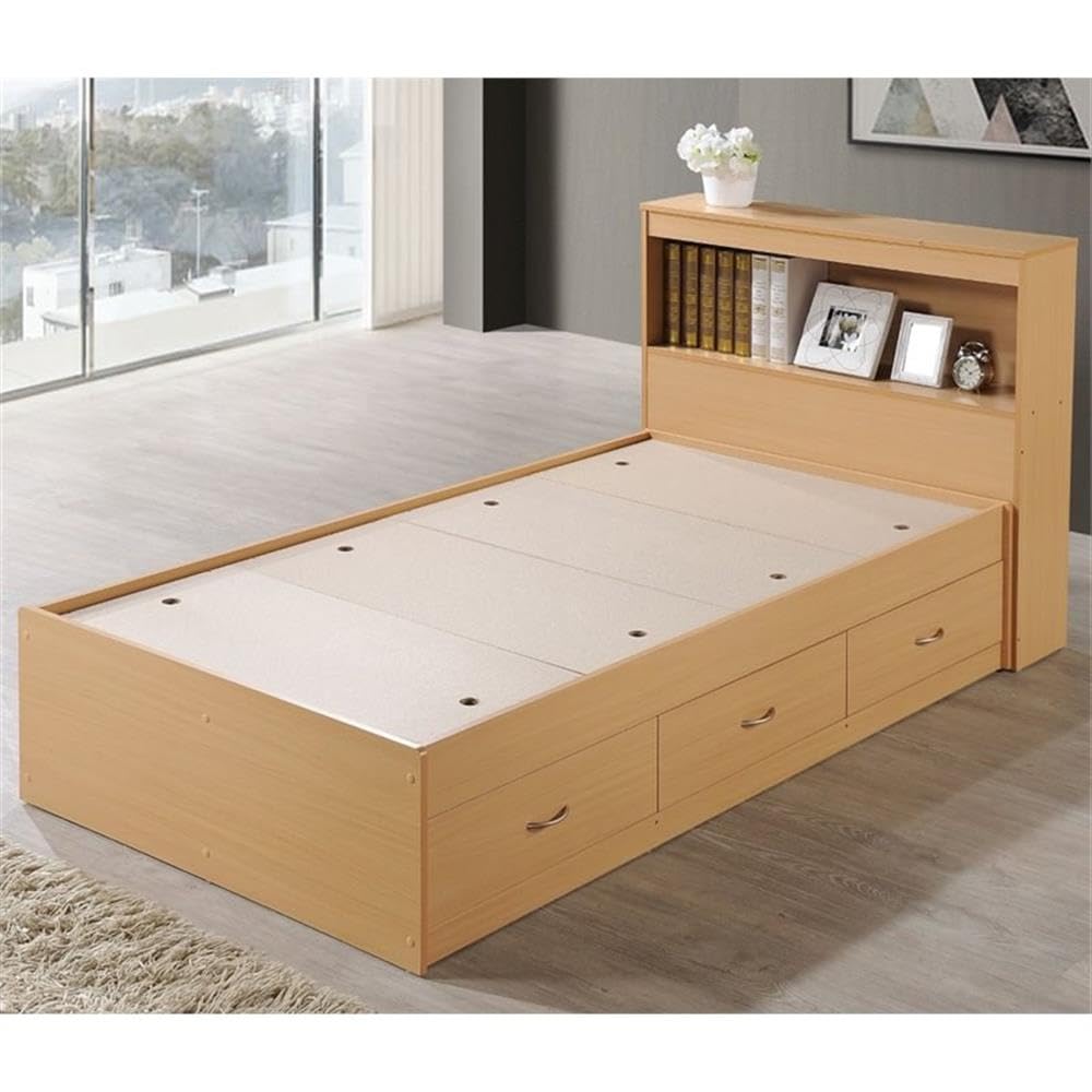 Pemberly Row Twin Captain Storage Bed in Beech - Space-Saving Bed with Underbed Drawers for Kids & Teens - Perfect for Small Bedrooms, Dorms & Guest Rooms