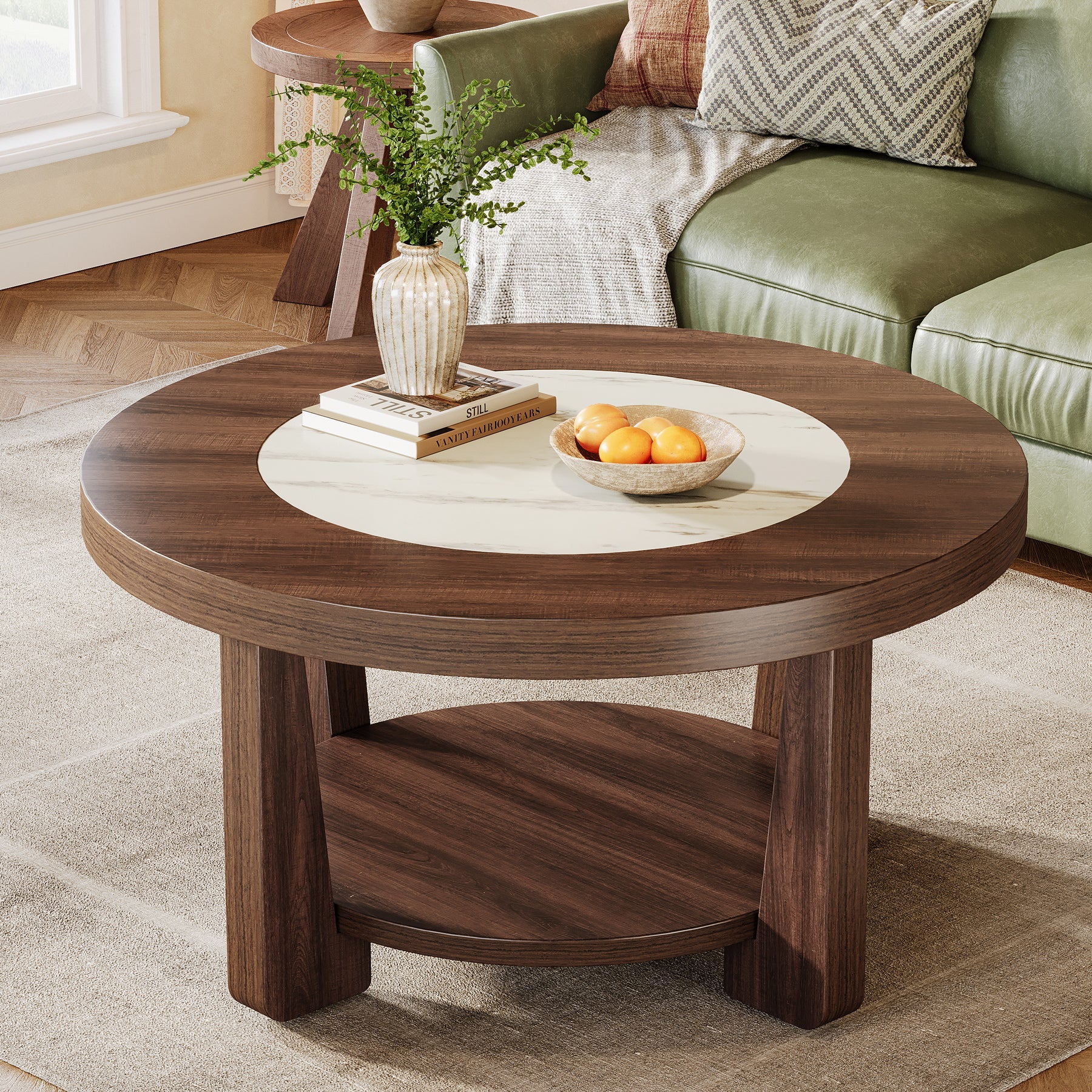 2-Tier Round Wood Coffee Table - Modern Accent & Center Table for Living Room, Bedroom, or Office Decor
