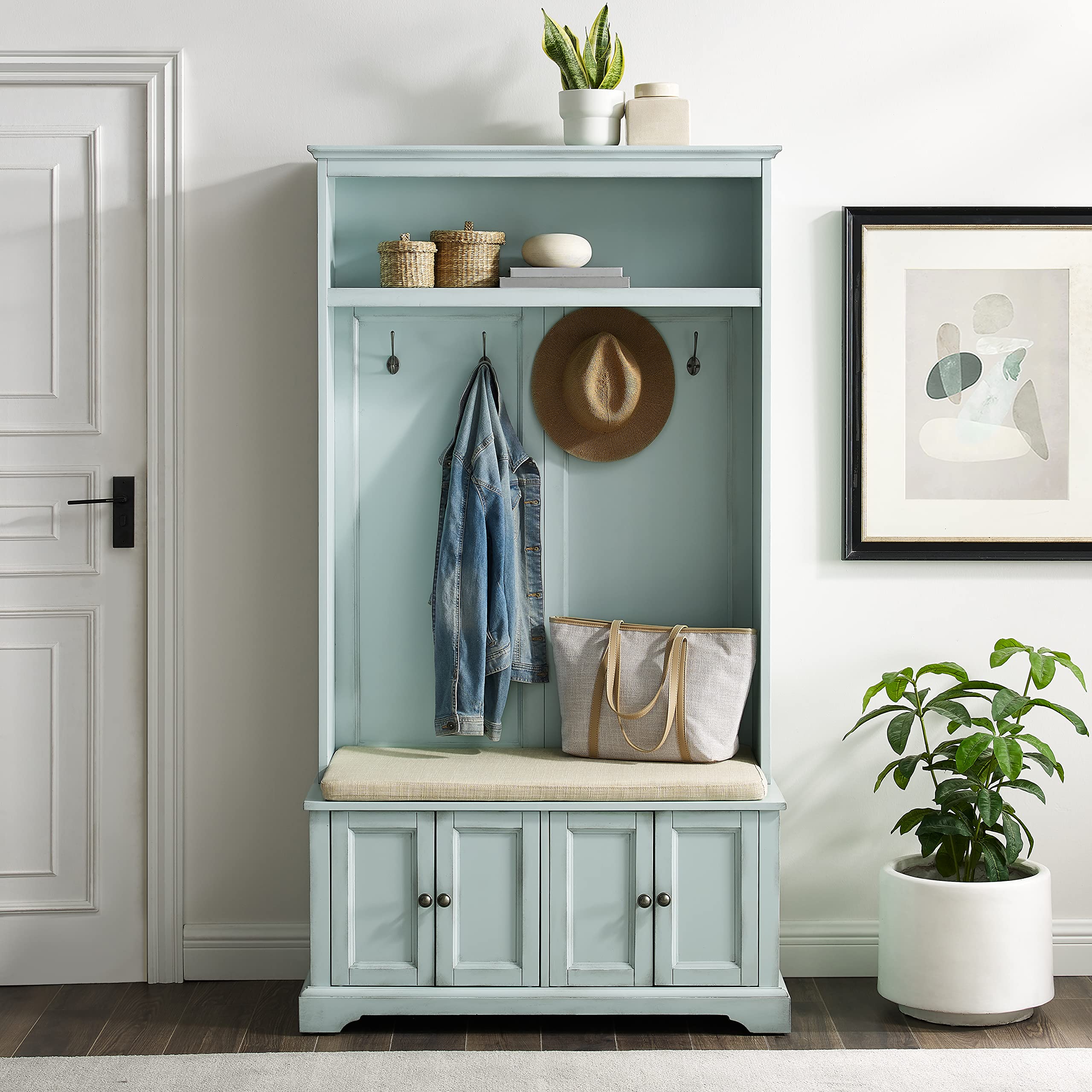 Crosley Holbrook Hall Tree with Shoe Rack, Storage Bench & Coat Hooks | Distressed Seafoam Blue Entryway Organizer | Perfect for Small Spaces, Mudrooms & Farmhouse Decor
