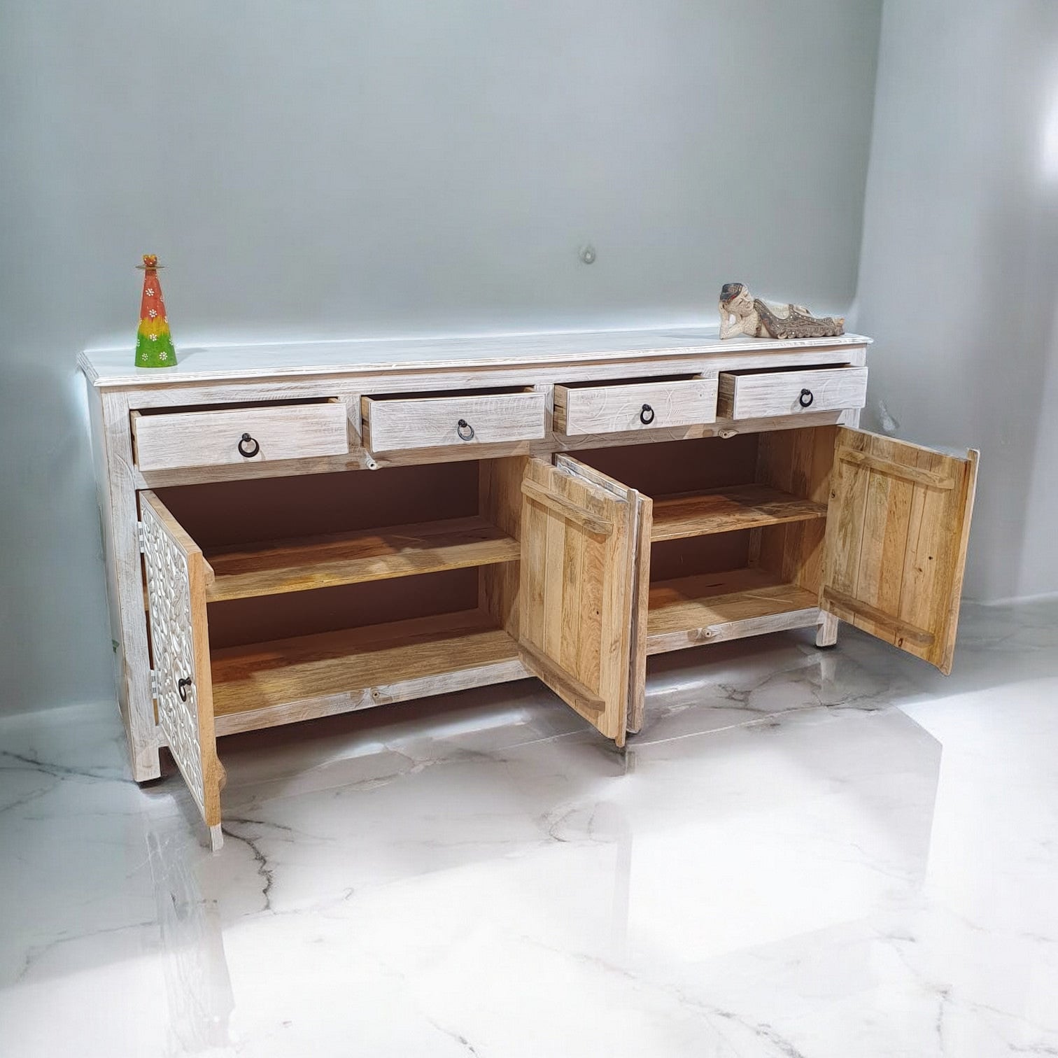 Handmade Carved Indian Mango Wood 4-Drawer 4-Door Sideboard Buffet Cabinet - Whitewashed Rustic Farmhouse Style for Dining Room Storage & Entryway Decor