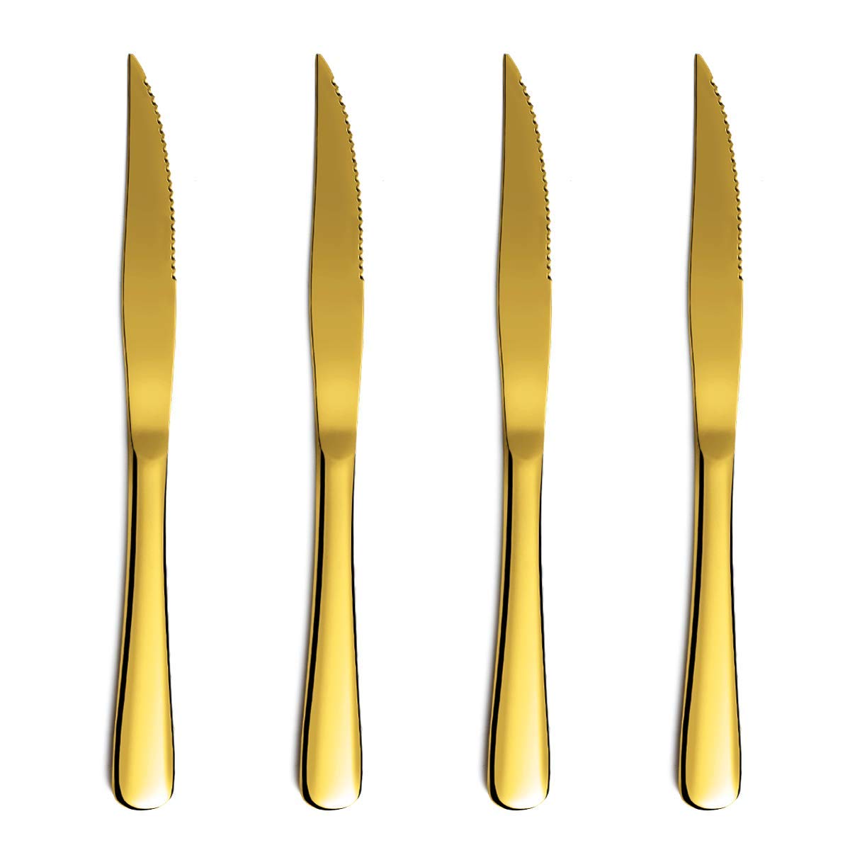 Premium Gold Steak Knife Set of 4 - Kyrtaon Golden Serrated Edge Knives with Titanium Gold Plating, Stainless Steel Sharp Blades - Dishwasher Safe, Durable & Easy to Clean - Perfect for Fine Dining, Dinner Parties & Steakhouse-Style Meals at Home
