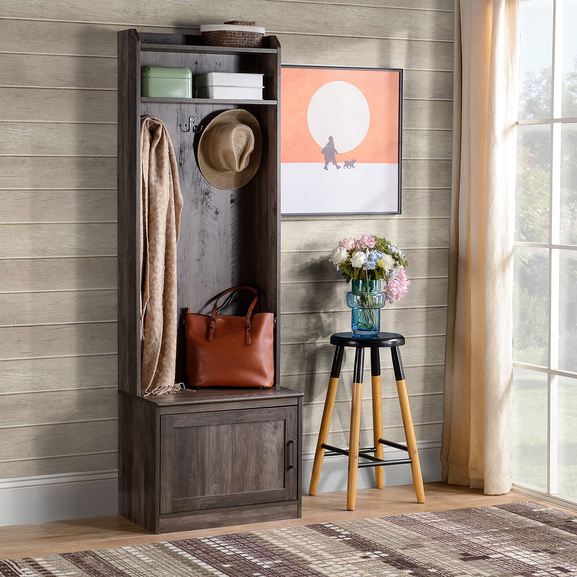 HOMCOM Narrow Hall Tree with Shoe Storage Bench - Rustic Entryway Coat Rack & Storage Shelves for Hallway, Mudroom, Living Room - Brown Wooden Organizer for Coats, Shoes & Home Decor