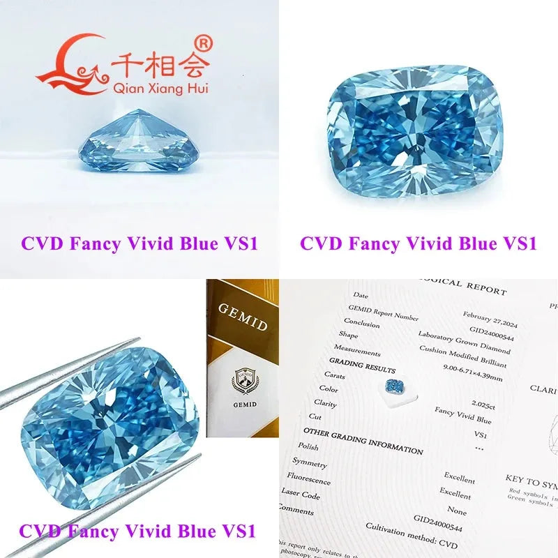 1ct & 2ct CVD Lab Grown Diamond - Fancy Vivid Aqua Blue, VS1 Clarity, Long Cushion Cut, GEMID Certified Loose Stone for Engagement Rings & Jewelry Making