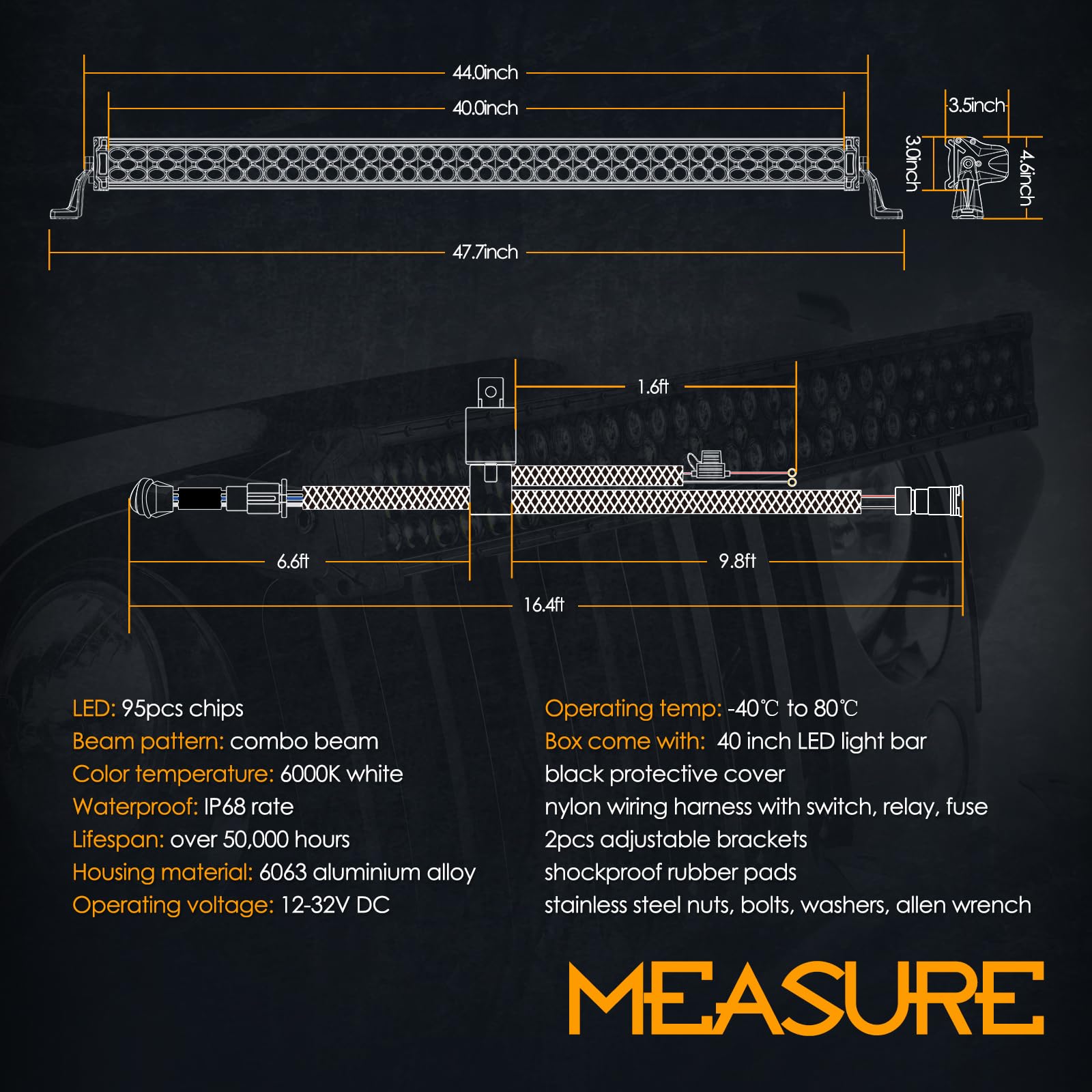 40 Inch 475W LED Light Bar with Wiring Harness - Nirider Black Series Spot Flood Combo Beam, Waterproof Off-Road Driving Light for Trucks, ATV, UTV, SXS, RZR, Wrangler - Perfect for Night Off-Roading, Work Sites & Emergency Lighting
