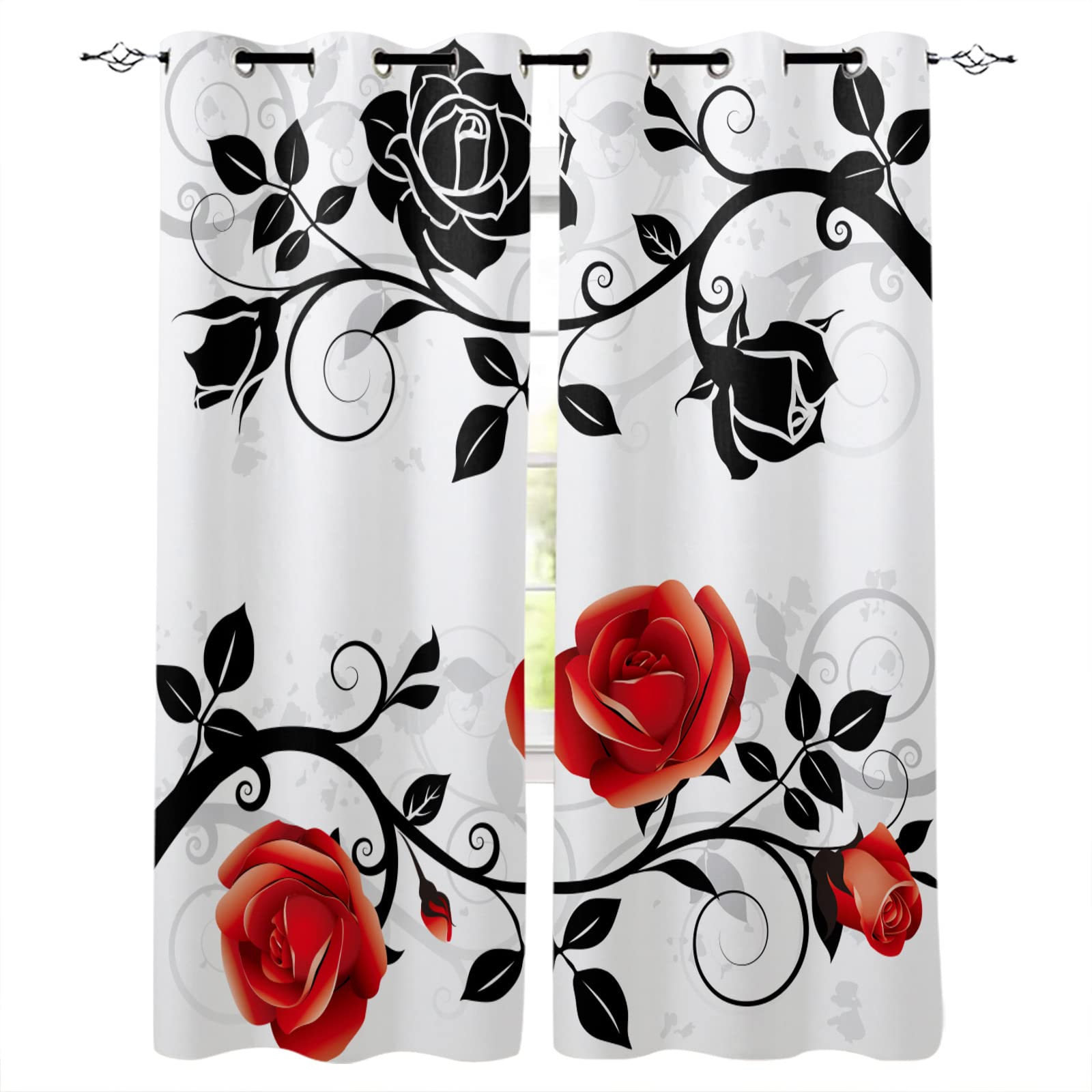 Blackout Curtains for Bedroom - 3D Printed Abstract Red Black Rose Design, Thermal Insulated Polyester Window Drapes for Living Room & Kitchen, 2 Panels (52