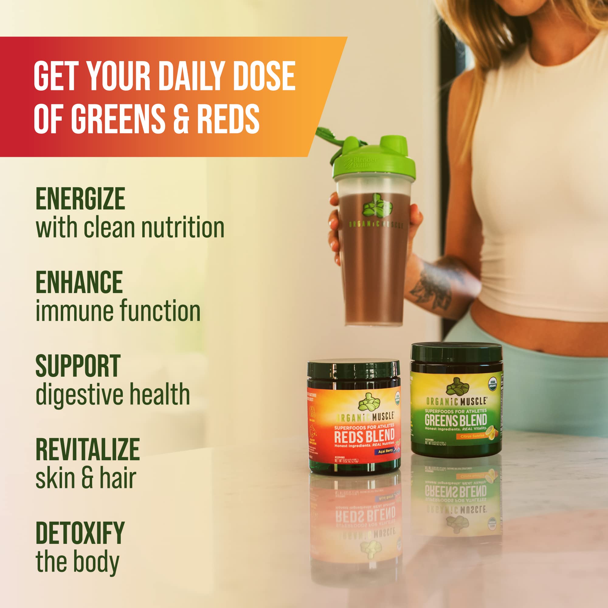 Organic Muscle Vegan Greens and Reds Superfood Powder - USDA Organic Plant-Based Superfood Blend for Energy, Focus & Immunity - Non-GMO, 30 Servings - Perfect for Smoothies, Post-Workout Recovery & Daily Wellness Boost