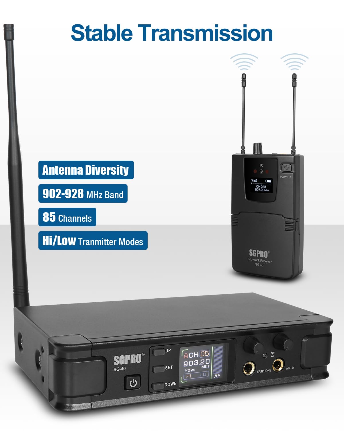 Professional Wireless In-Ear Monitor System - Mono IEM with Metal Transmitter & Bodypack Receiver, 85 Adjustable Frequencies, 262ft Range for Live Bands, Studio Recording & Stage Performances | Perfect for Musicians, DJs & Event Performers