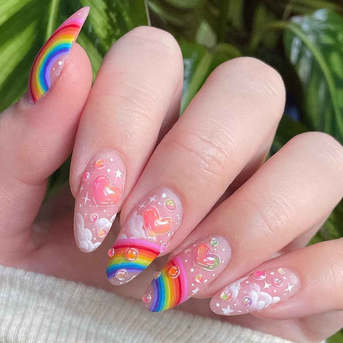 24pcs Short Round Head Sparkling French Fake Nails with Glue - Full Cover Almond Press On False Nails with Waves Stripes Design - Perfect for Parties, Weddings, and Special Occasions