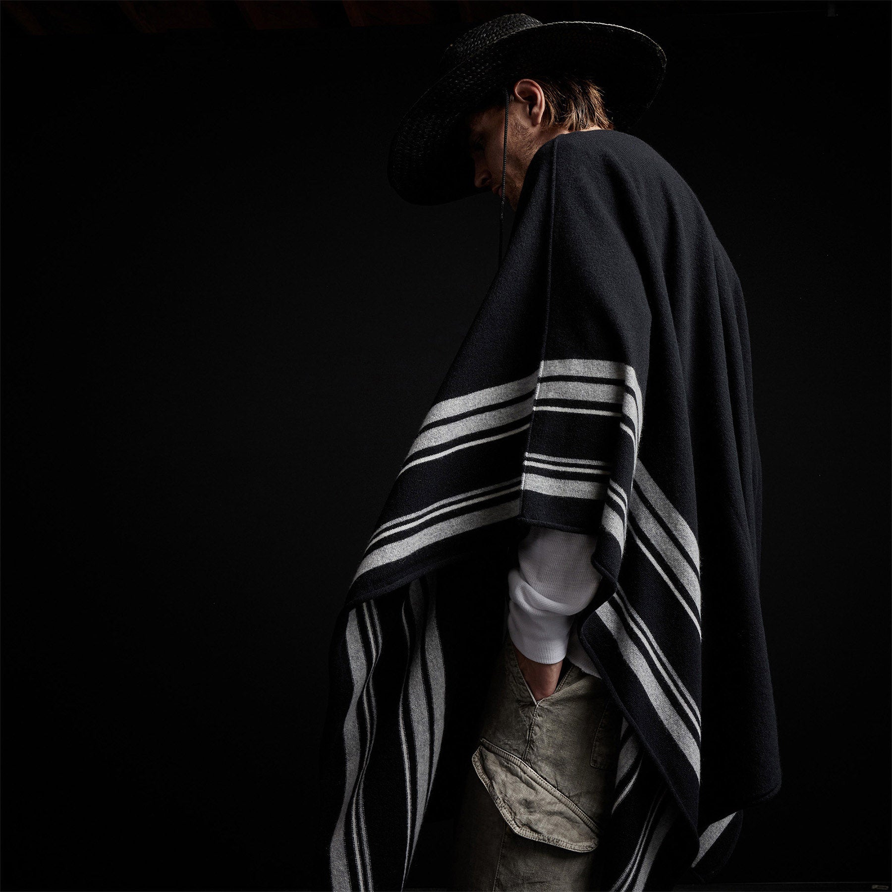 Eco-Friendly Recycled Cashmere Striped Poncho Wrap - Black | Soft Winter Shawl for Women | Perfect for Cozy Evenings & Outdoor Adventures