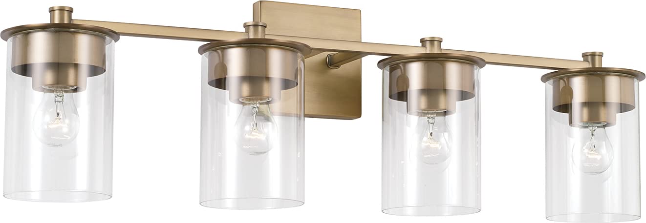 HomePlace Lighting 146841AD-532 Mason Transitional Clear Glass Cylinder Vanity Light Fixture - 4-Light Bathroom Sconce, 400W Total, Brass Finish, 9