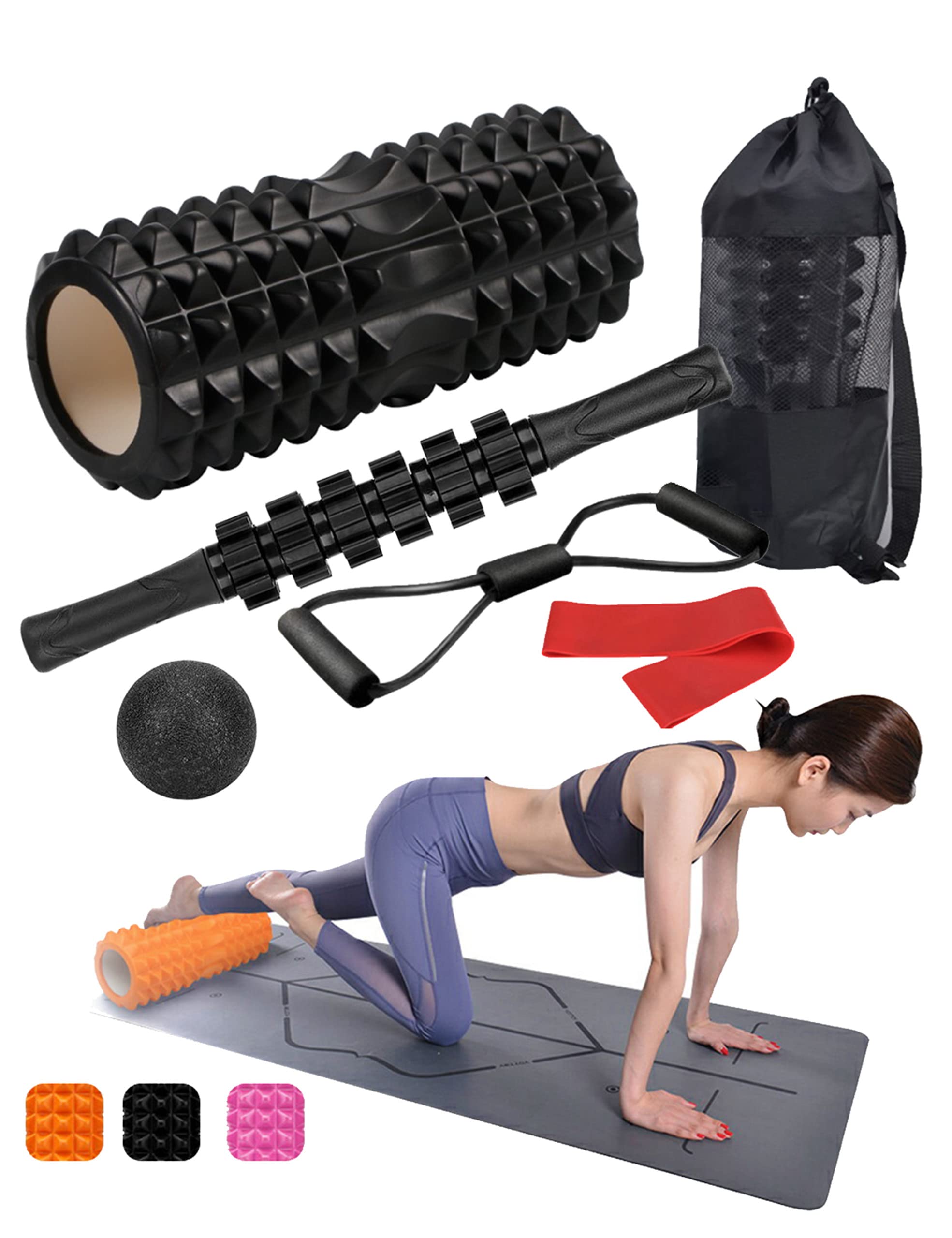 OVTSPO 6-in-1 Foam Roller Set for Deep Tissue Massage & Pain Relief - Includes Hollow Core Massage Roller, Muscle Roller Stick, Massage Ball, Stretching Strap, Resistance Bands & Storage Bag - Perfect for Back & Leg Recovery, Yoga, Gym Workouts & Home Fitness