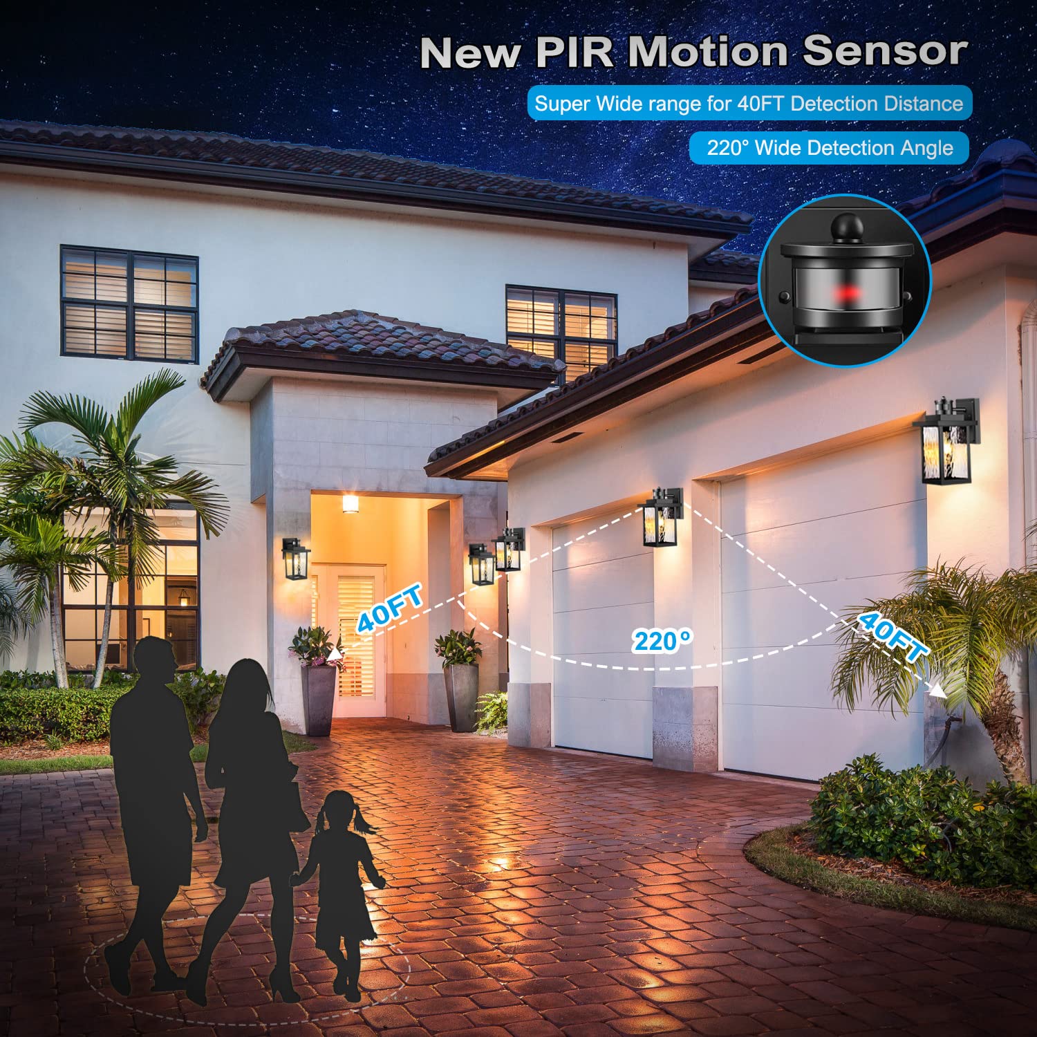 Outdoor Motion Sensor Porch Lights - Waterproof & Rustproof Aluminum Wall Sconce, Dusk to Dawn Exterior Lighting Fixture, Modern Black Gold Finish (2 Pack) - Perfect for Patio, Front Door, Garage & Backyard Security Lighting
