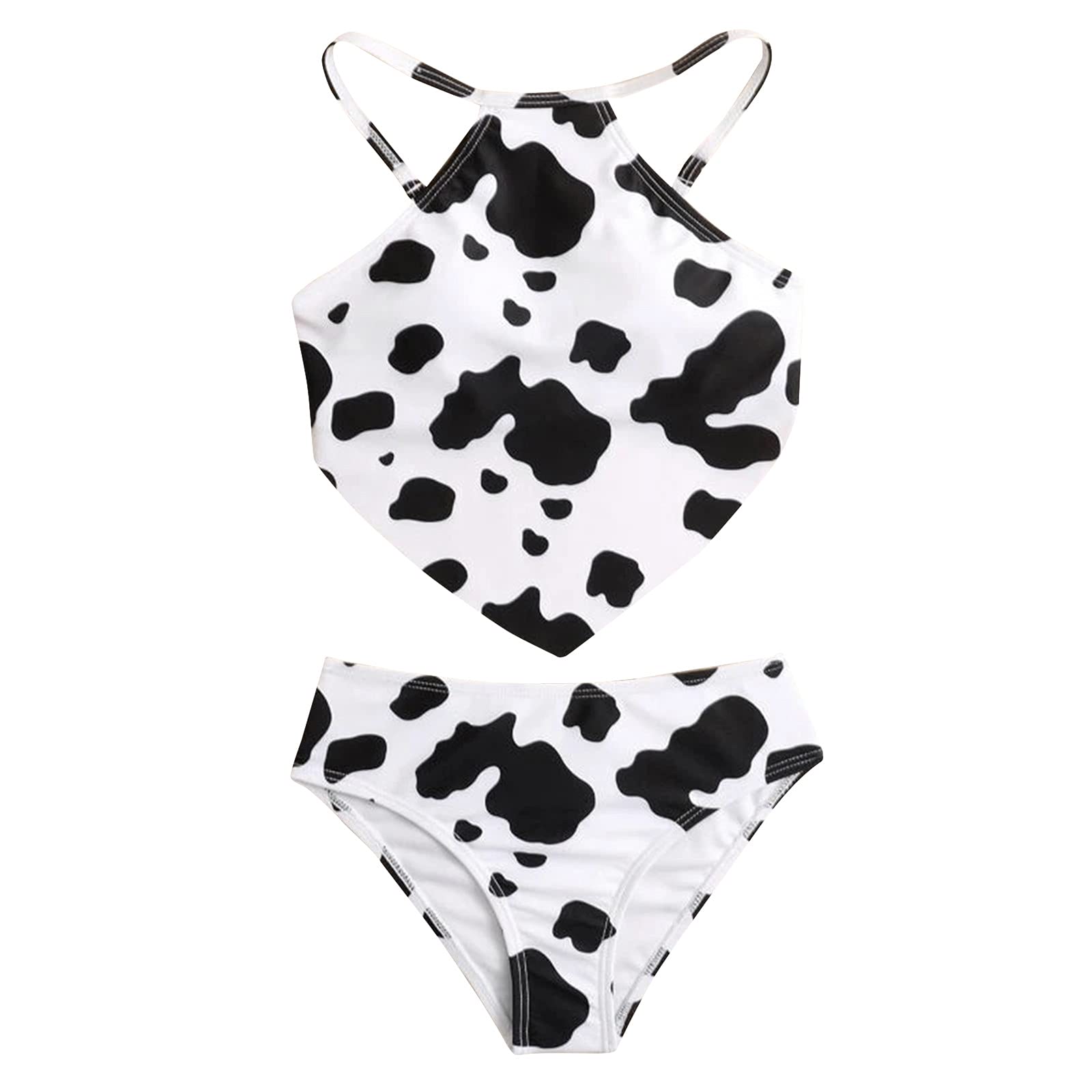 Vintage Retro Cow Print Two Piece Swimsuit for Girls - High Waist Halter Bikini Set with Crop Top & Swim Bottoms | Perfect for Beach, Pool Party & Summer Vacation