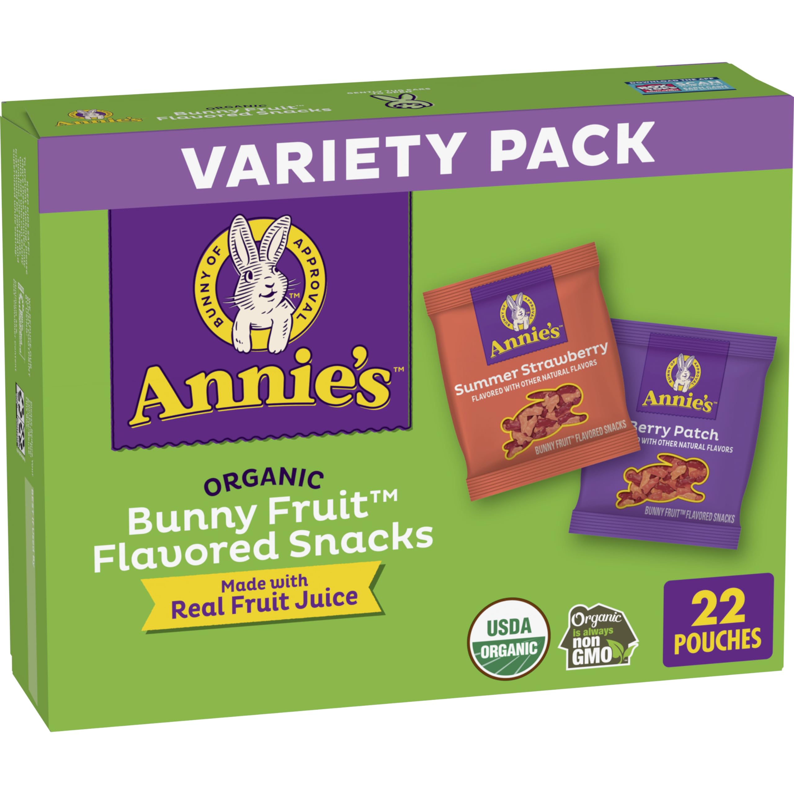 Organic Bunny Fruit Snacks Variety Pack - Gluten Free, Non-GMO, 15.4oz (22 Pouches) | Easter Basket Fillers, Kids Lunch Box Snacks, Healthy Treats for School & Parties