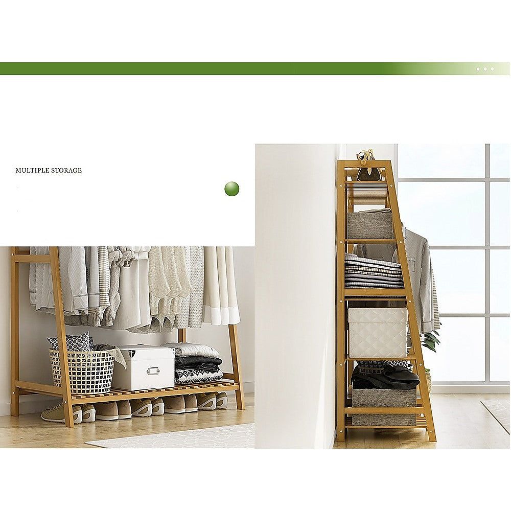 Portable Bamboo Clothes Rack - Adjustable Garment Stand with Wheels for Hanging Coats, Dresses & Pants | Perfect for Small Spaces, Closets, Laundry Rooms & Dorm Rooms