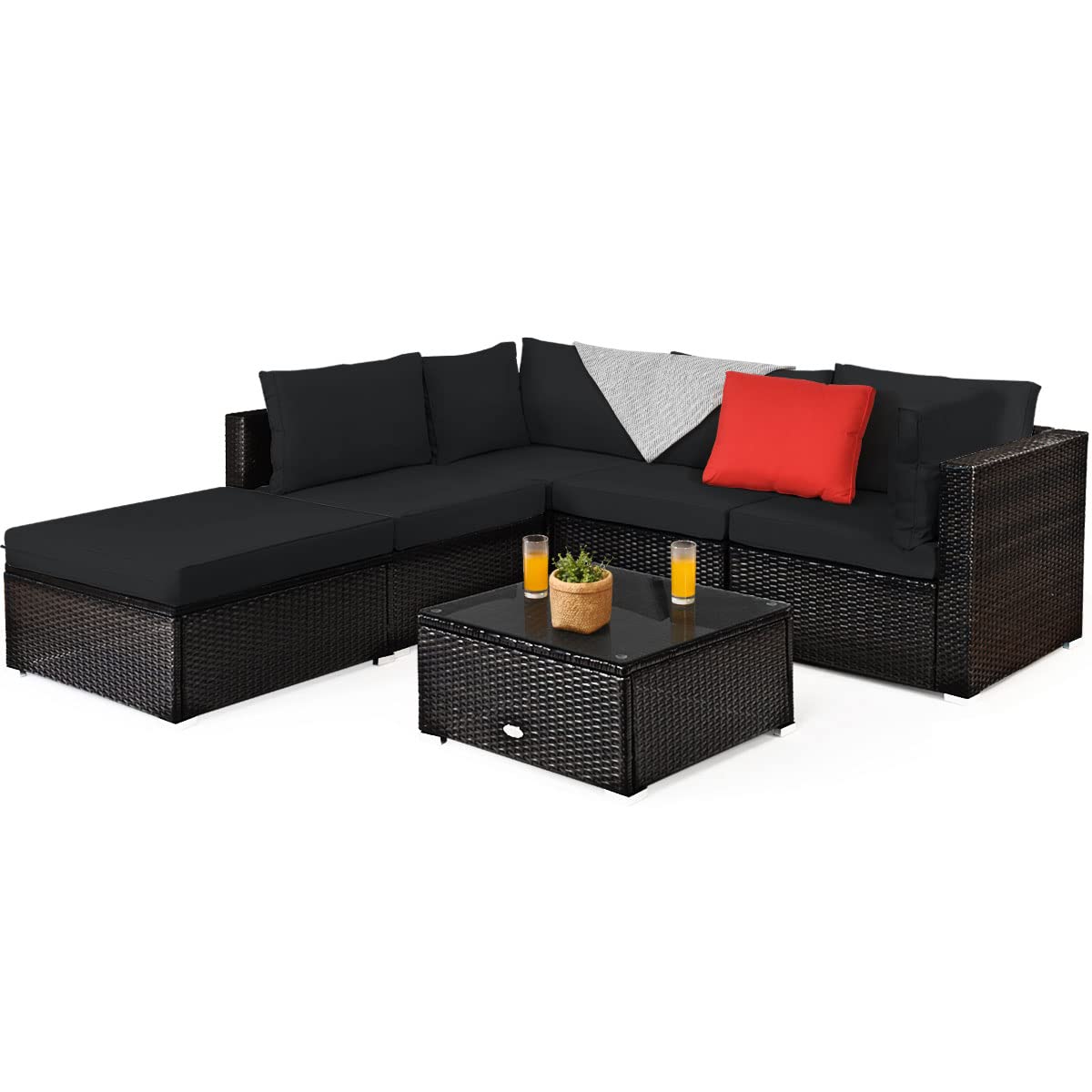 Tangkula 6-Piece Outdoor Patio Furniture Set - Durable Steel Frame PE Rattan Wicker Sectional Sofa with Coffee Table for Deck, Lawn & Backyard (Black) | Perfect for Garden Parties, Poolside Relaxation & Outdoor Entertaining