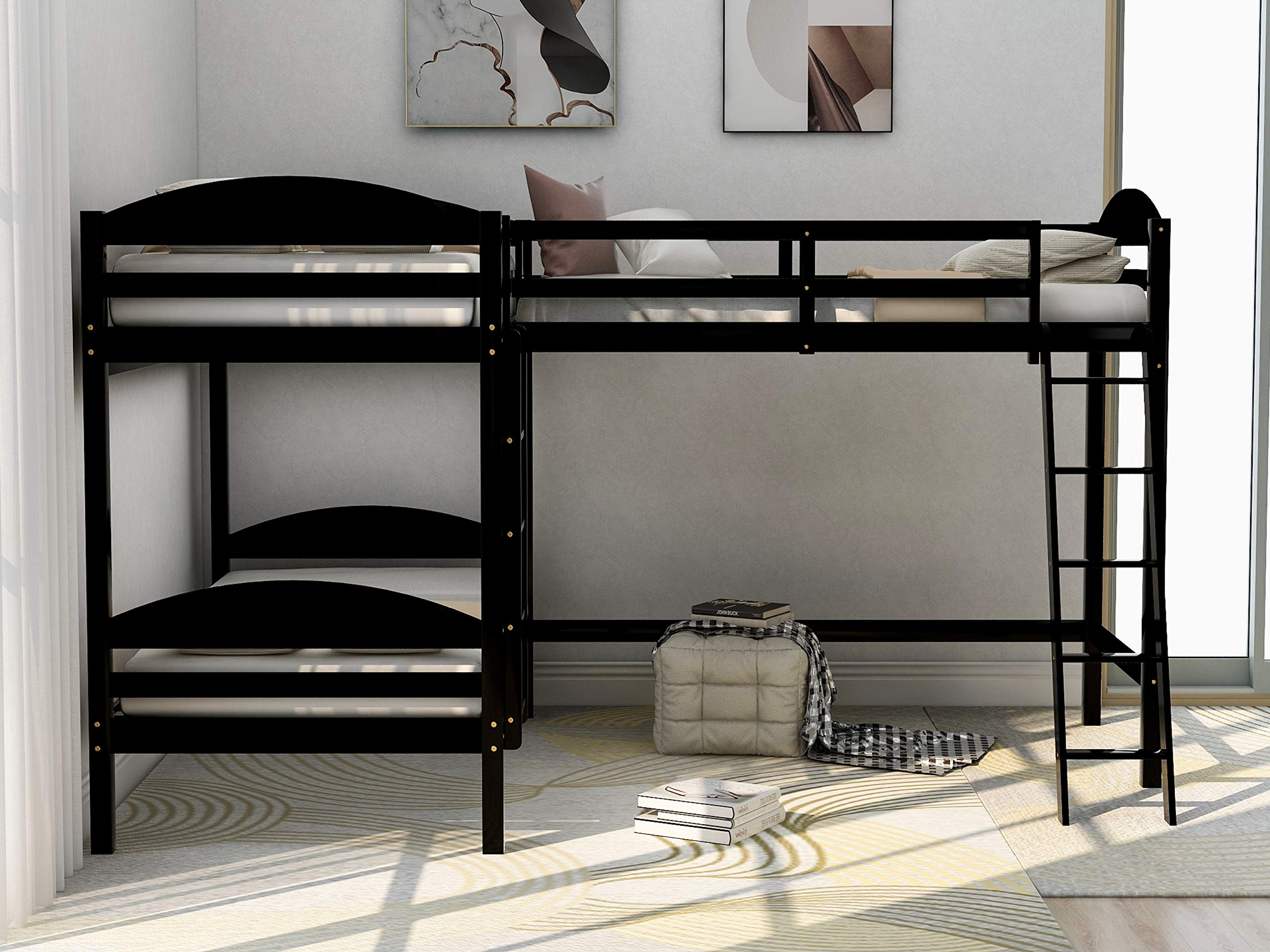 RUNNA Triple Bunk Bed - Solid Wood Twin Size 3-Tier Loft Bed with Guardrails & Ladder for Kids | L-Shaped Corner Space-Saving Design | No Box Spring Needed (Espresso Finish) | Perfect for Shared Kids' Rooms, Sleepovers & Small Spaces