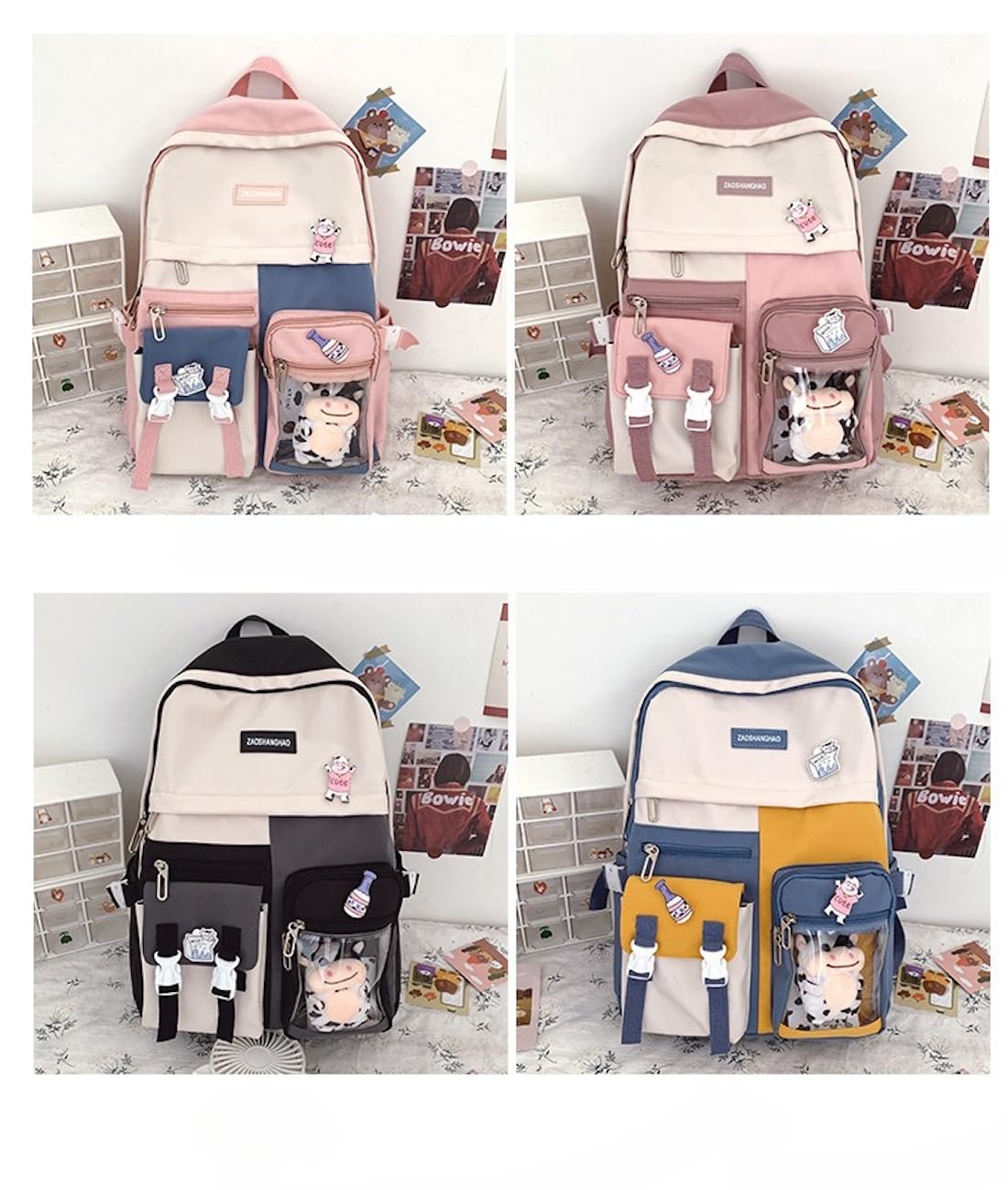 Selena Kawaii Backpack with Cow Badges - Cute Y2K Harajuku Itabag for School & Travel (Blue & Yellow, No Accessories) | Perfect for Anime Fans, Cosplay & Kawaii Fashion Lovers