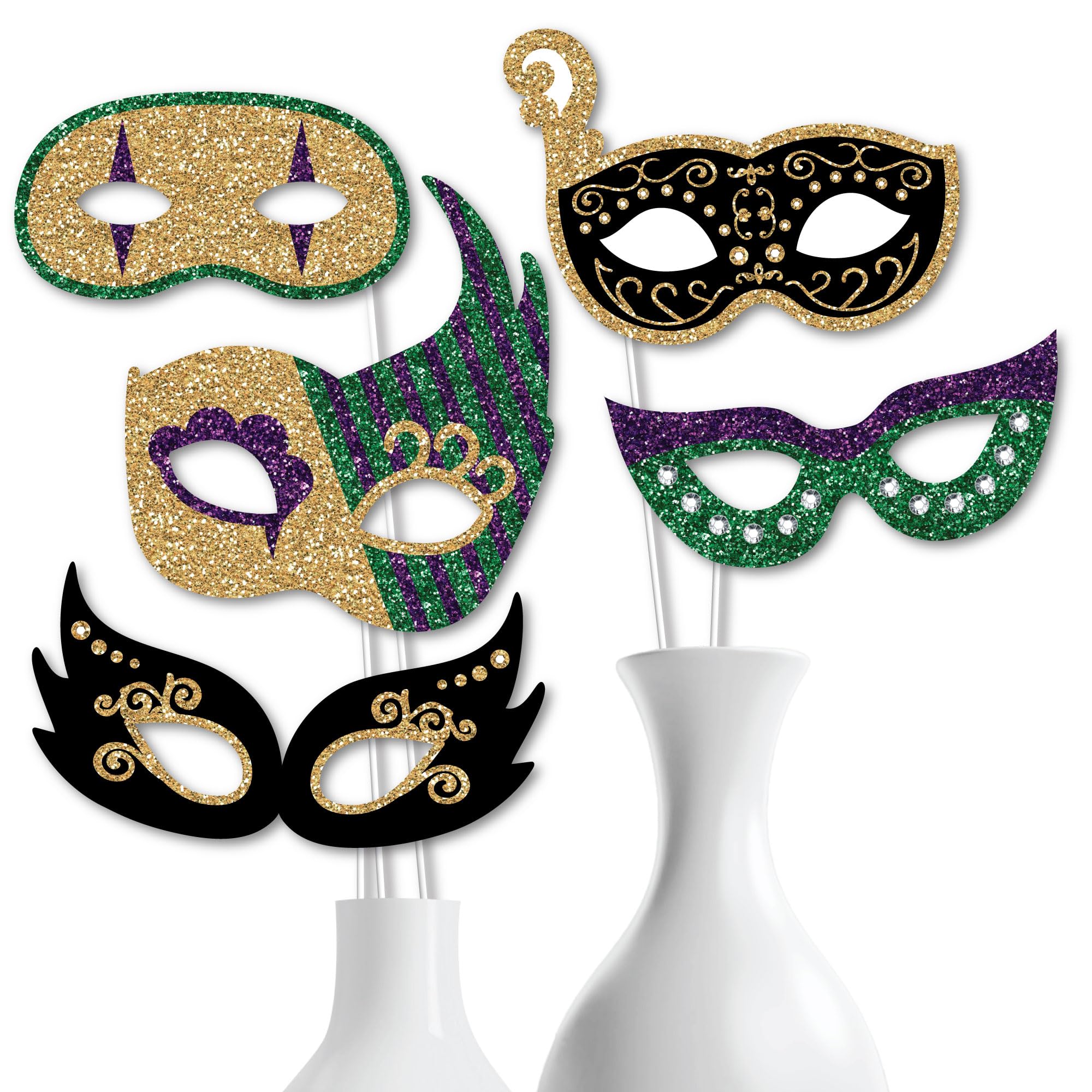 Big Dot of Happiness Mardi Gras Masks & Glasses - 10-Piece Paper Cardstock Masquerade Party Photo Booth Props Kit for Carnival, Halloween, and Costume Parties - Perfect for Festive Celebrations and Themed Events