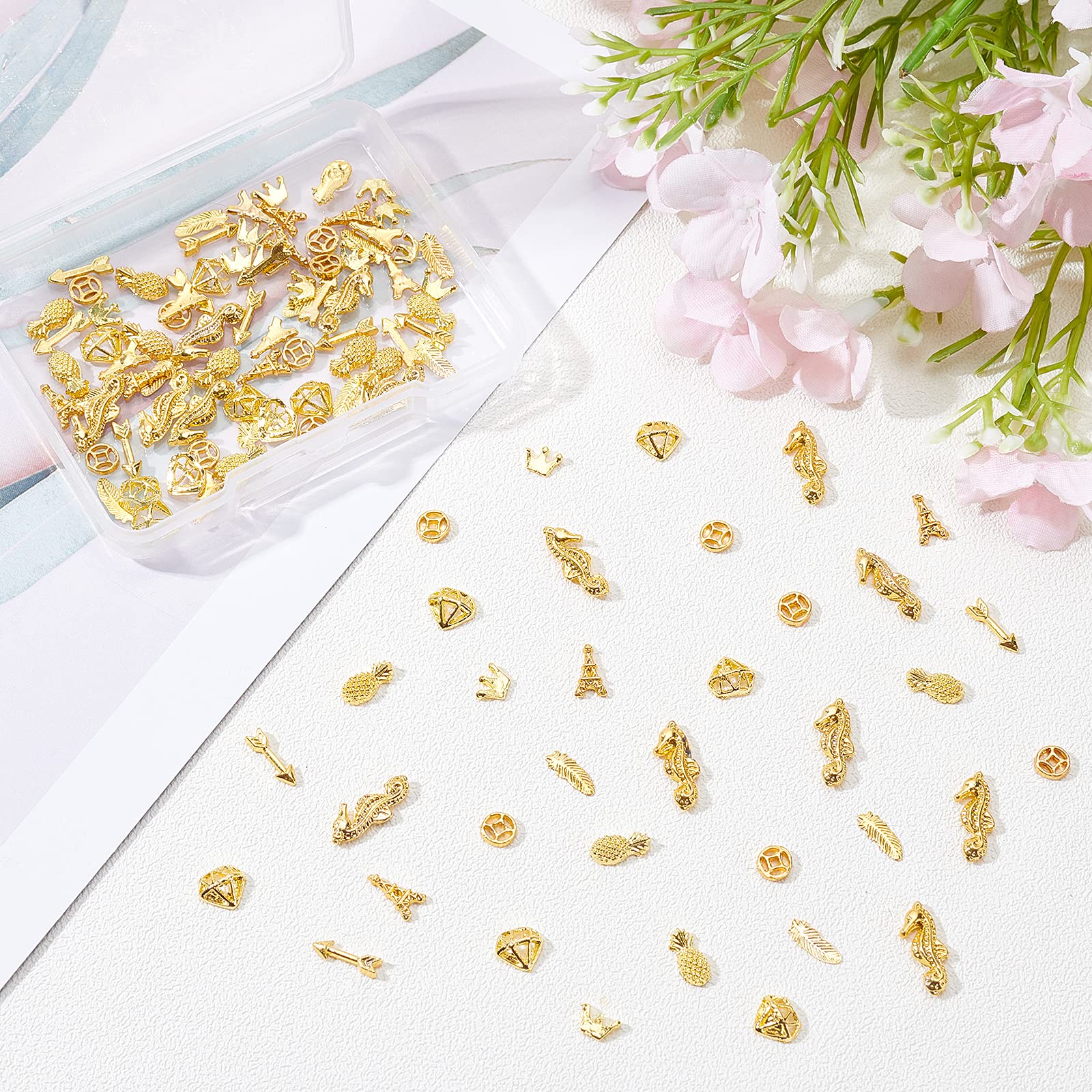 OLYCRAFT 120pcs Mixed Shape Resin Filler Diamond Tower Alloy Epoxy Resin Supplies - 8 Shapes for Jewelry Making, DIY Crafts, Home Decor (Includes Feather Shape & Gold Accessories) | Perfect for Resin Art, Pendants, Bracelets & Decorative Items