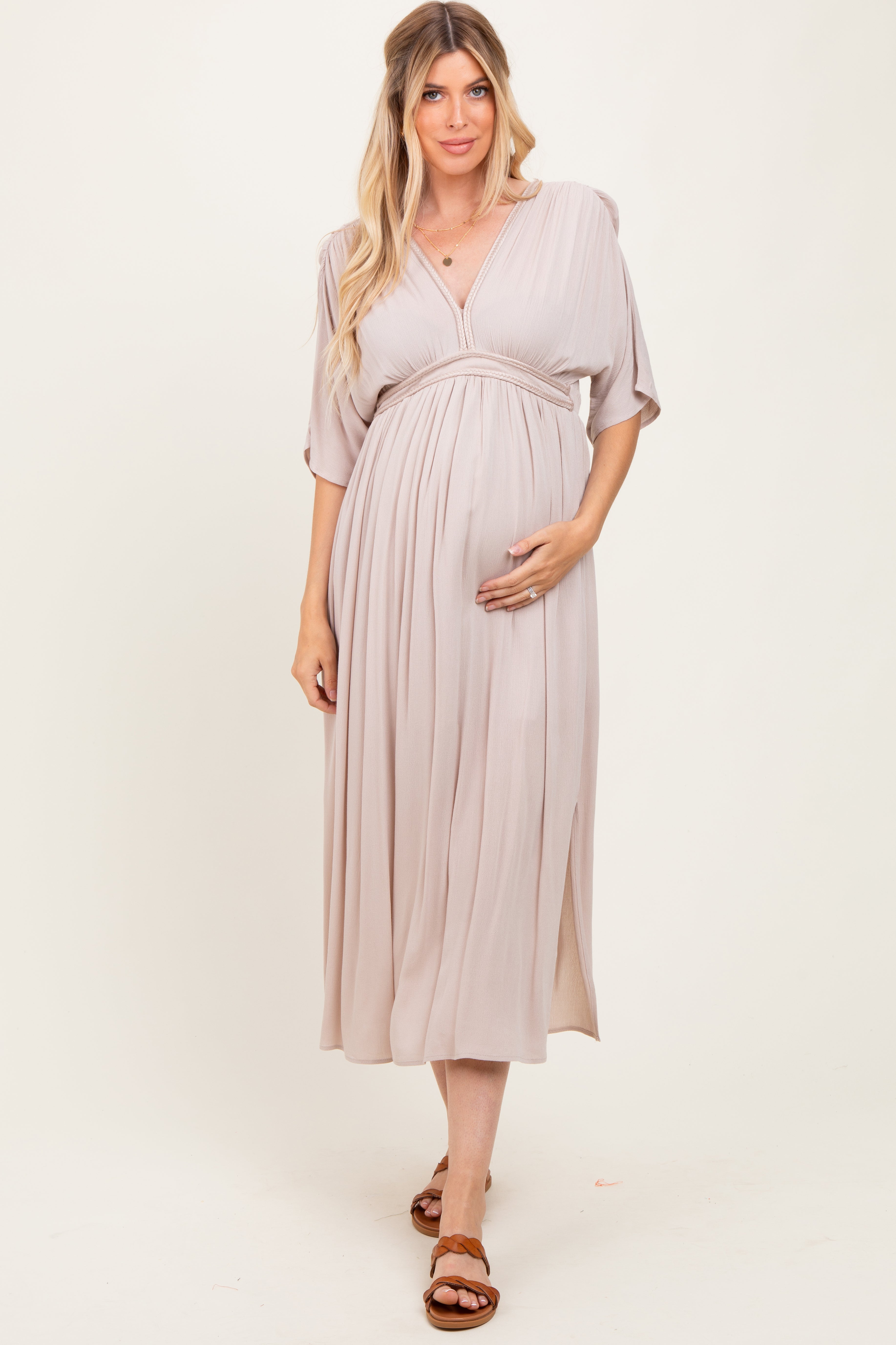 Beige V-Neck Maternity Maxi Dress with Braid Detail - Comfortable & Stylish Pregnancy Dress for Baby Shower, Maternity Photos, and Summer Outfits