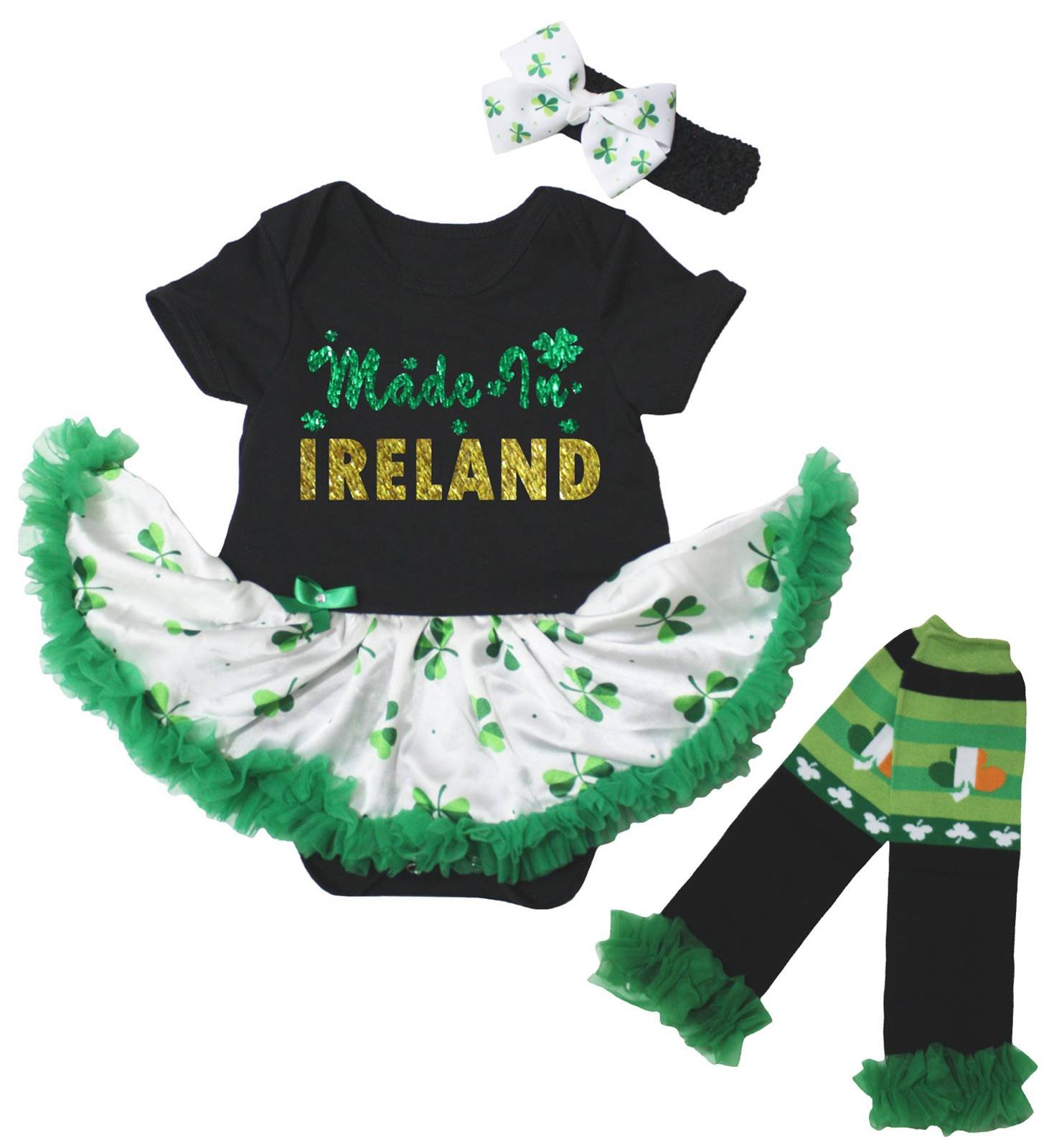 Petitebella Irish-Made Black Bodysuit with Clover Tutu & Leg Warmers for Babies NB-18 Months | Perfect for St. Patrick's Day, Photo Shoots & Special Occasions