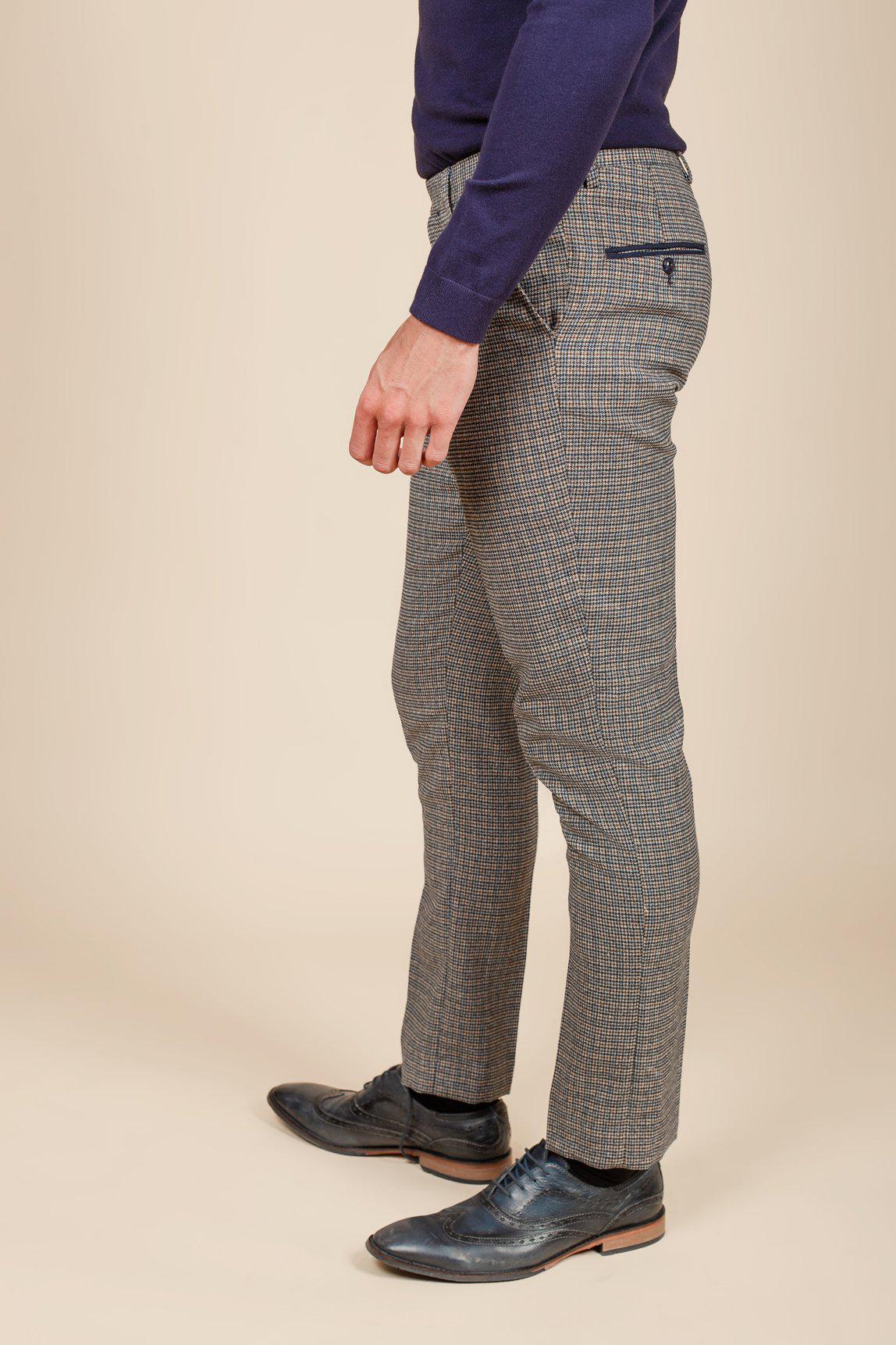 Hardwick Navy Tan Tweed Check Trousers for Men - Classic Wool Blend Dress Pants for Office, Business & Formal Occasions