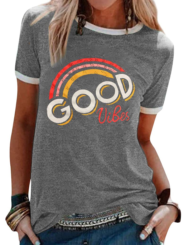 Women's Good Vibes Rainbow Graphic Tee - Short Sleeve Casual Summer T-Shirt for Women | Perfect for Beach Outings, Music Festivals & Everyday Wear