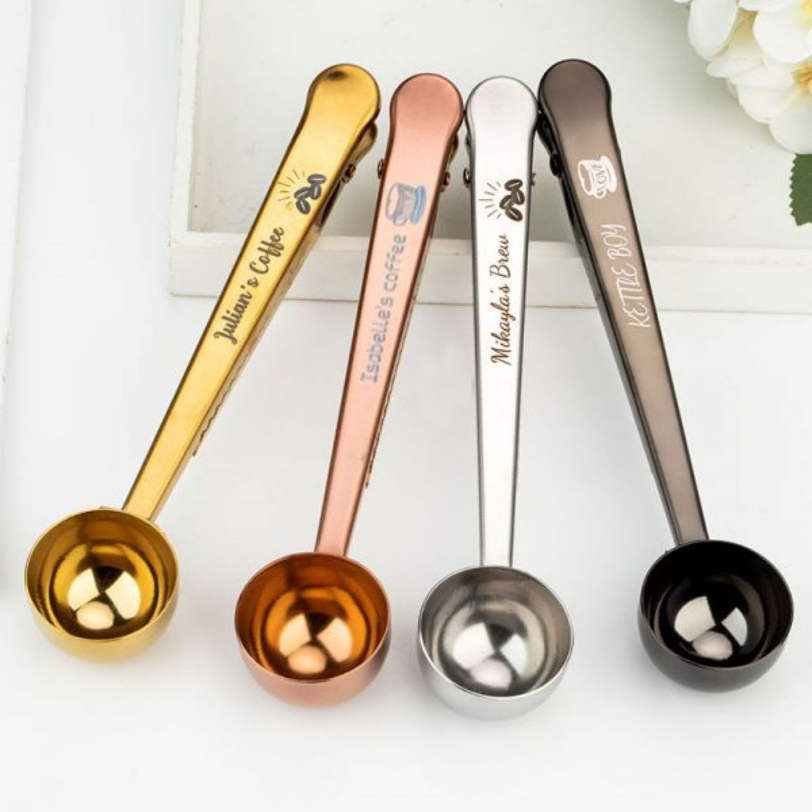 Custom Engraved Coffee Scoop with Clip - Personalized Coffee Measuring Spoon for Kitchen & Travel - Perfect for Home Baristas, Camping & Gifts