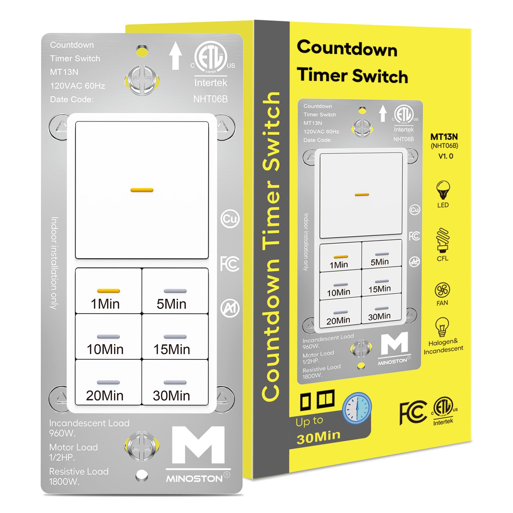 Minoston 30 Minute Countdown Timer Switch - Dimmable LED Indicator, 1-5-10-15-20-30 Minute Settings, Neutral Wire Required, 120V Wall Bath Fan Timer (White, MT13N) - Perfect for Bathroom Exhaust Fans, Lights, and Ventilation Systems