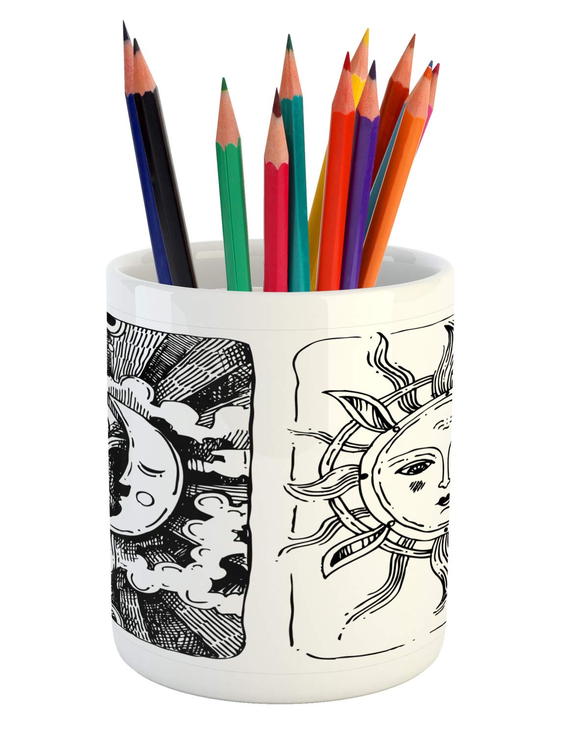 Celestial Sun and Moon Ceramic Pen Holder – Anthropomorphic Face Design for Desk & Office Organization | White & Black Pencil Cup for Artists, Writers & Students