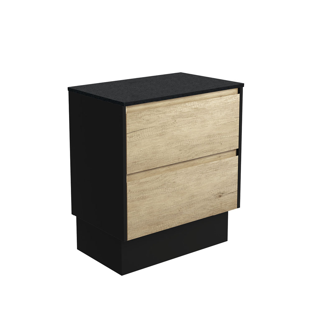 Fienza 75BSBK Amato 750 On Kickboard Cabinet - Satin Black Panels with Scandi Oak Finish | Modern Kitchen Storage Solution for Small Spaces & Open Shelving Designs