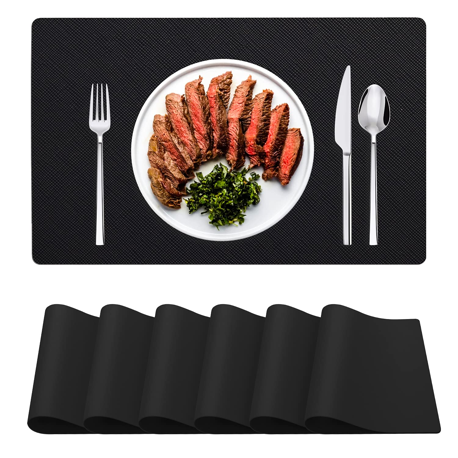 Premium Faux Leather Placemats Set of 6 - Non-Slip Black PU Leather Placemats for Dining Table, Waterproof & Easy Clean Kitchen Table Mats - Perfect for Fall Decor, Dinner Parties & Everyday Use