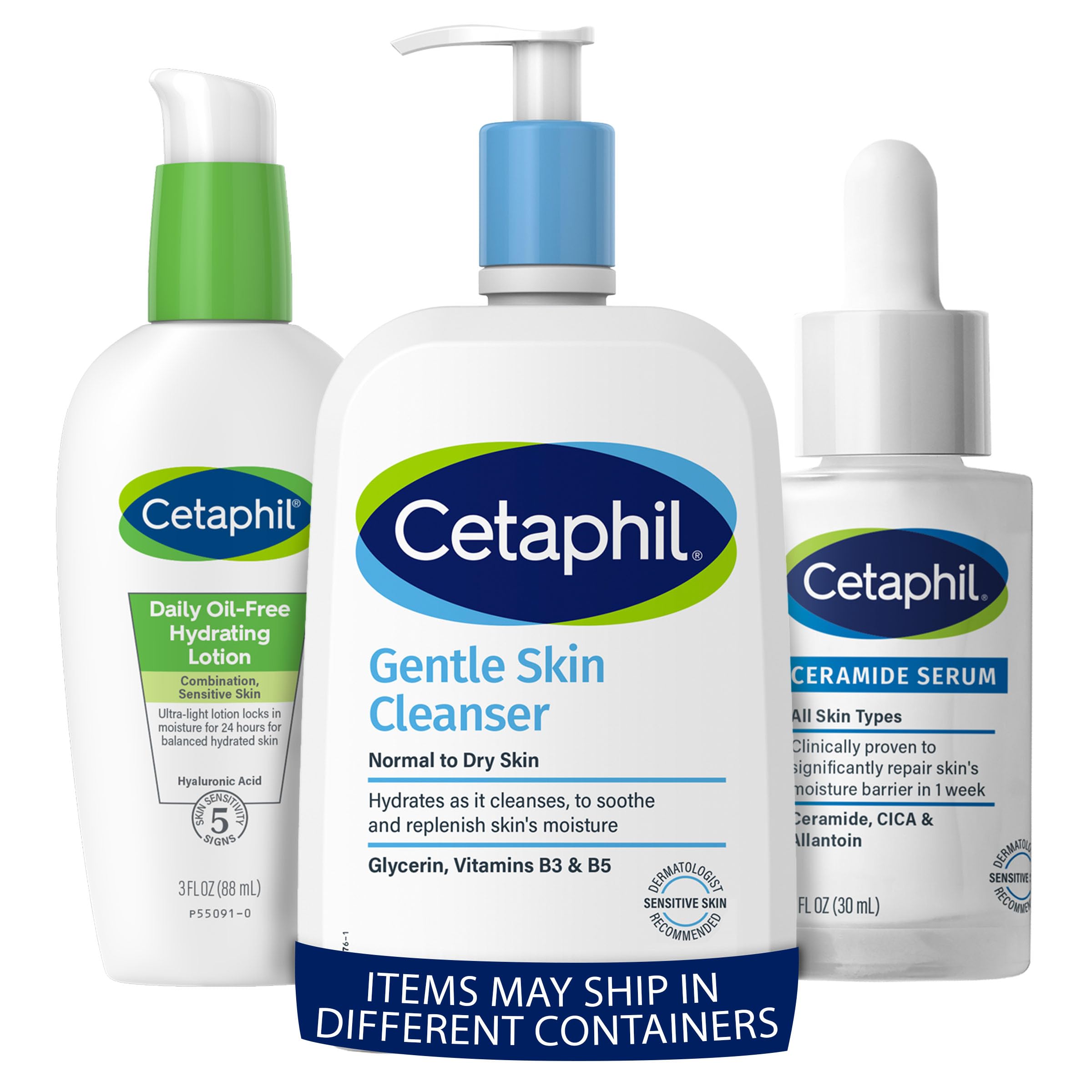 Cetaphil Ceramide Serum for Sensitive Skin 1oz + Hydrating Gentle Face Wash 20oz + Hyaluronic Acid Daily Moisturizing Lotion 3oz Bundle | Skincare Set for Dry, Sensitive Skin | Perfect for Night Routine & Travel Skincare Essentials