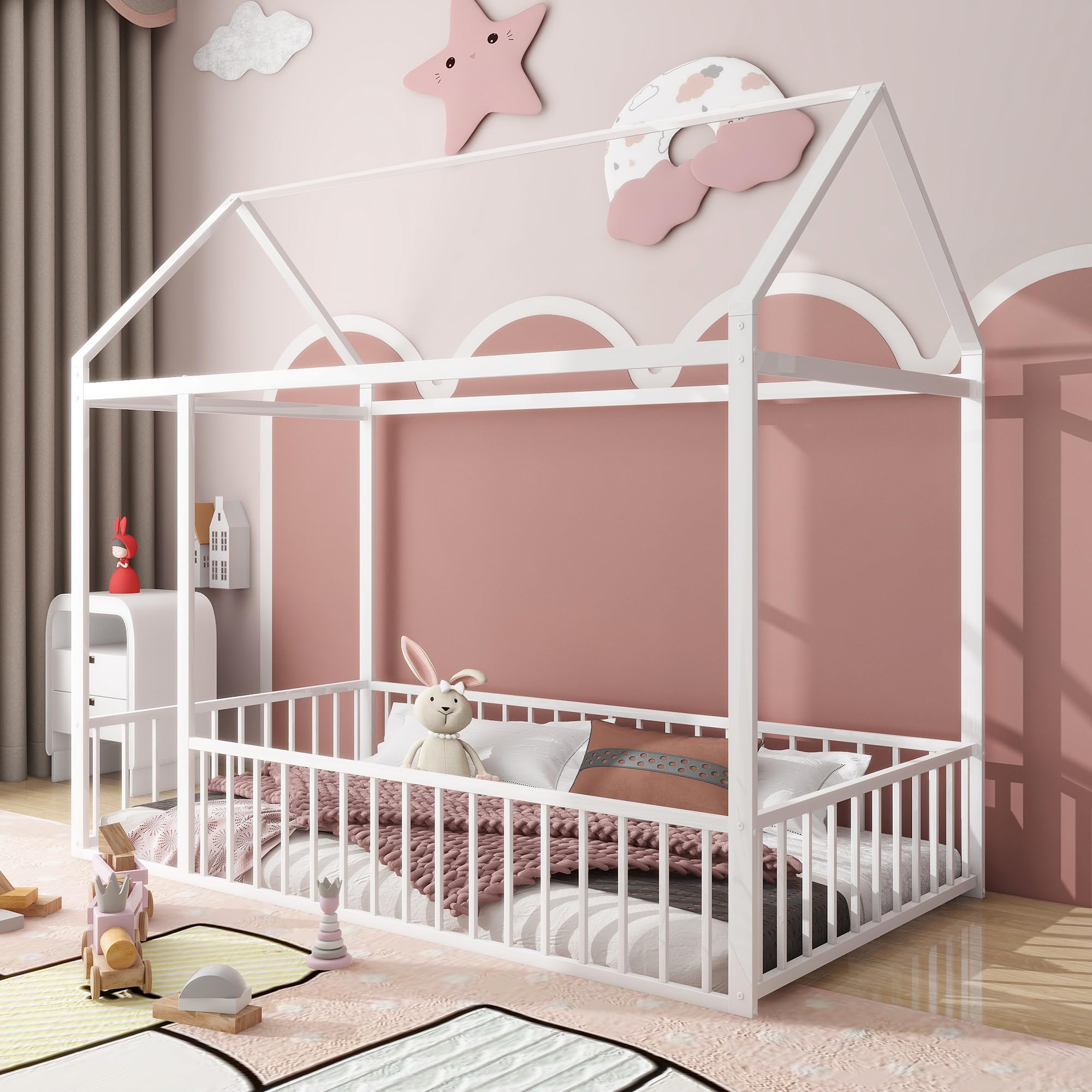 Montessori Twin Size Floor Bed for Kids - White Metal House Bed Frame with Safety Fence | Playhouse Design for Toddlers & Children | Perfect for Bedrooms, Playrooms & Montessori Learning Spaces