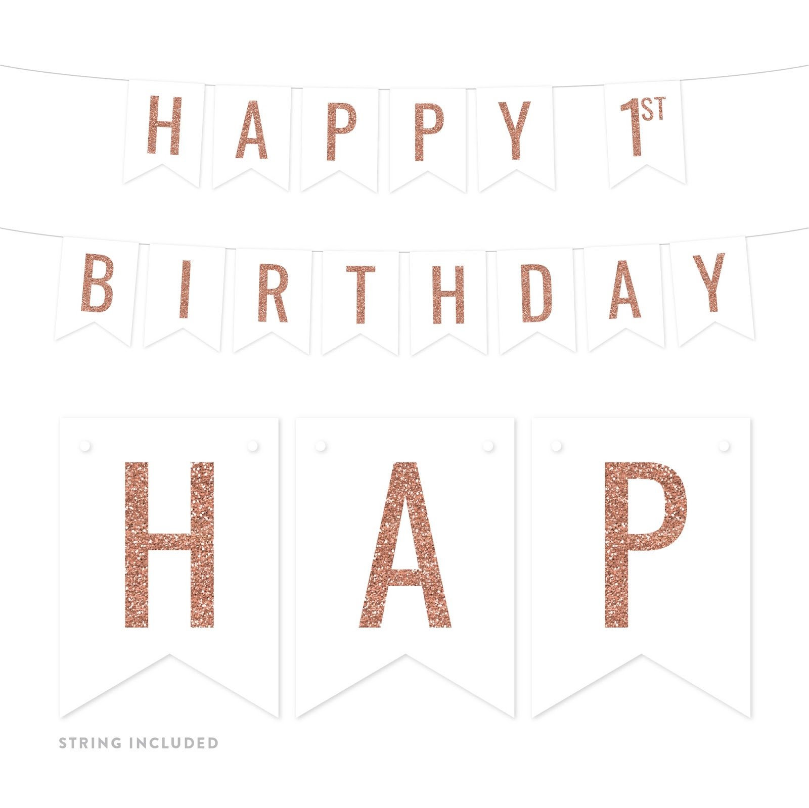 Rose Gold Faux Glitter Birthday Banner - Happy 1st Birthday Party Decorations - 5-Feet Hanging Pennant for Boys & Girls - Perfect for Baby Showers, Gender Reveals & Birthday Celebrations