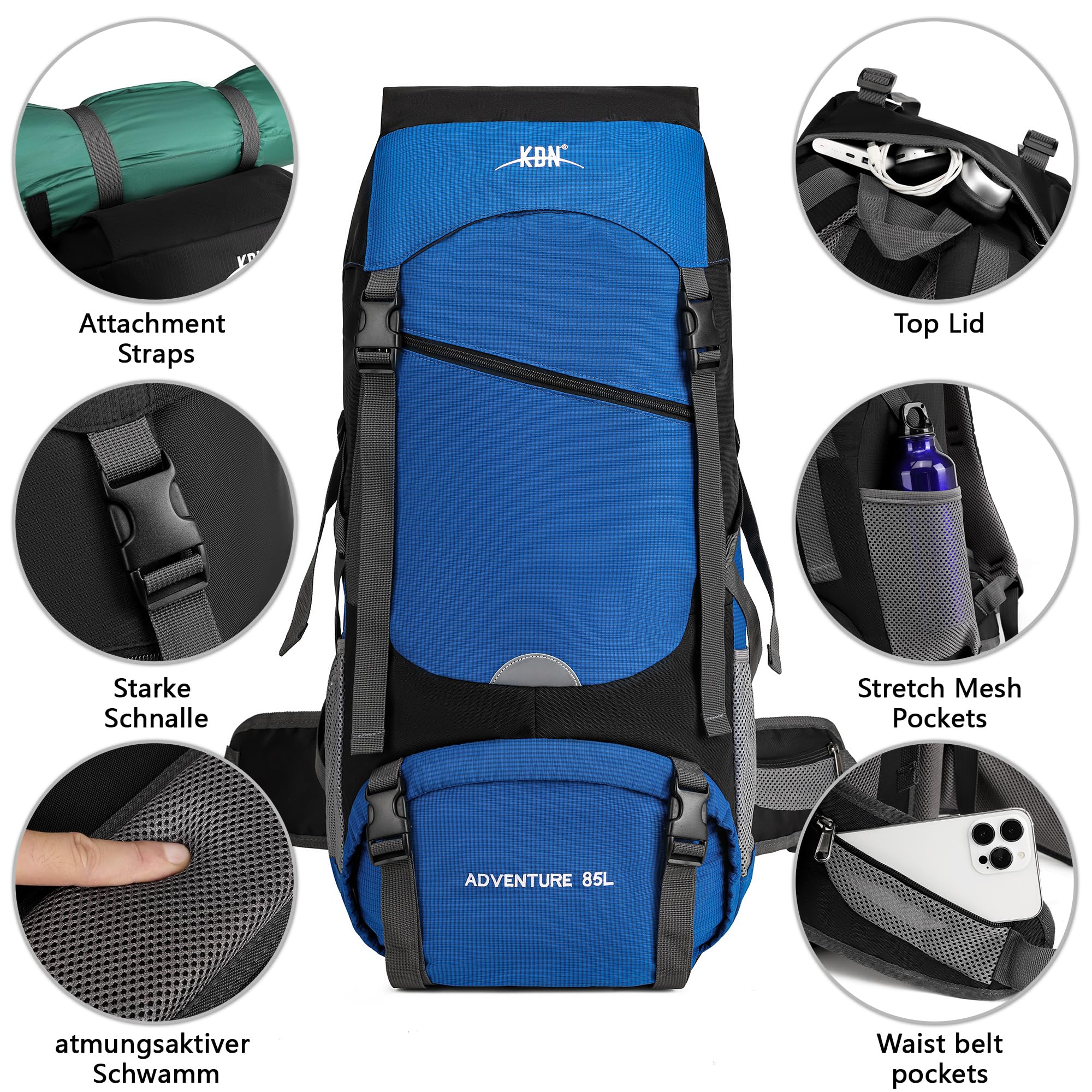 Fannos 75L Waterproof Hiking Backpack for Men & Women - Lightweight Travel Rucksack with Multiple Pockets (Blue) - Perfect for Outdoor Adventures, Camping & Daily Commute