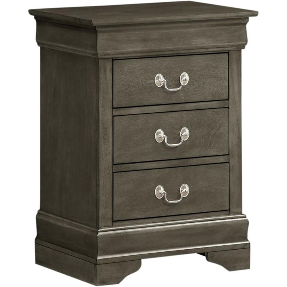 Glory Furniture Louis Phillipe 3-Drawer Nightstand in Gray - Modern Bedside Table for Bedroom, Guest Room & Nursery